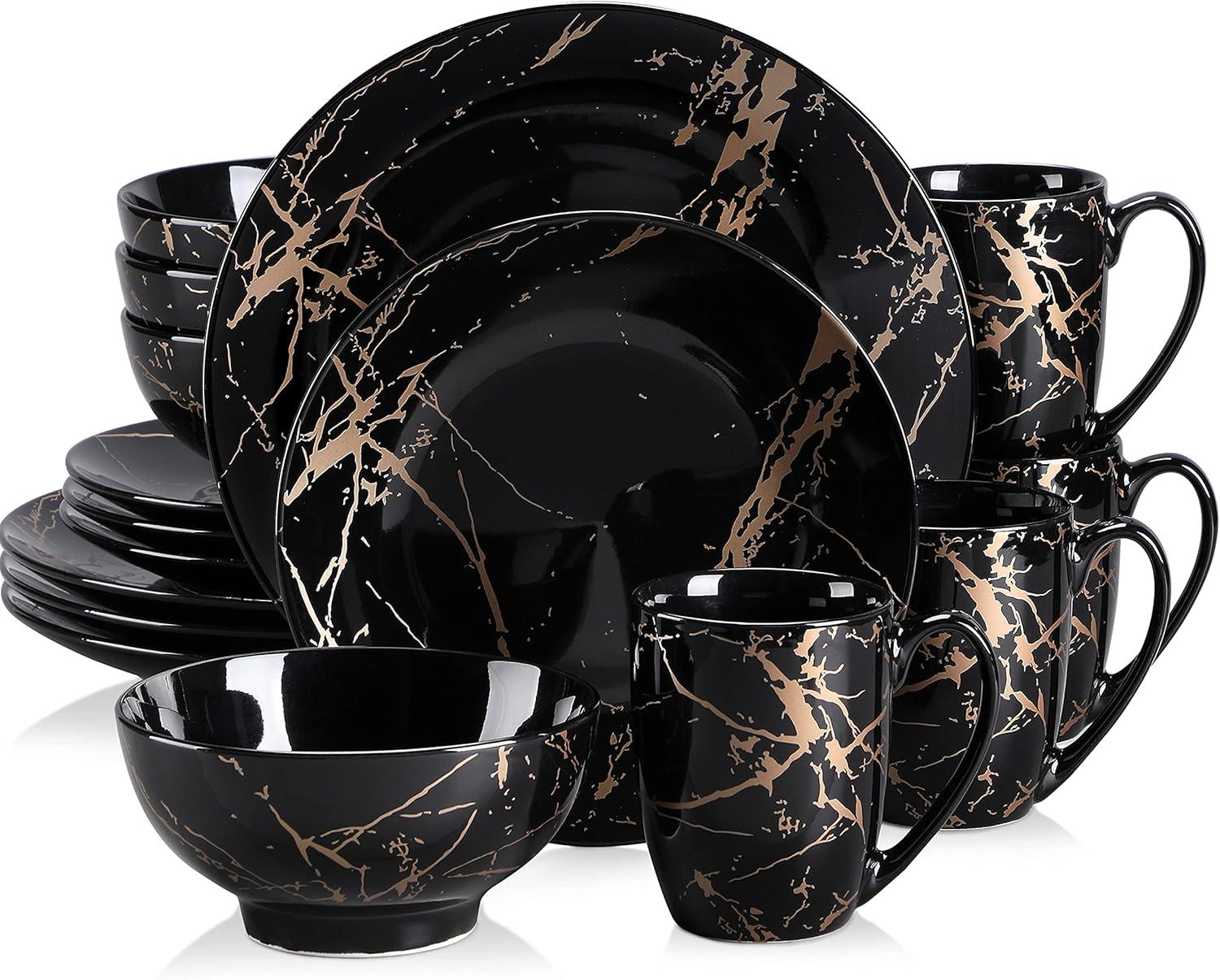 Plates And Bowls Sets For 4, Porcelain Dinnerware Sets  Gold Splash Glaze Ceramic Dish Set, Round Dinner Set With Mugs, Dishwasher Microwave Safe,(Black/16 Piece)