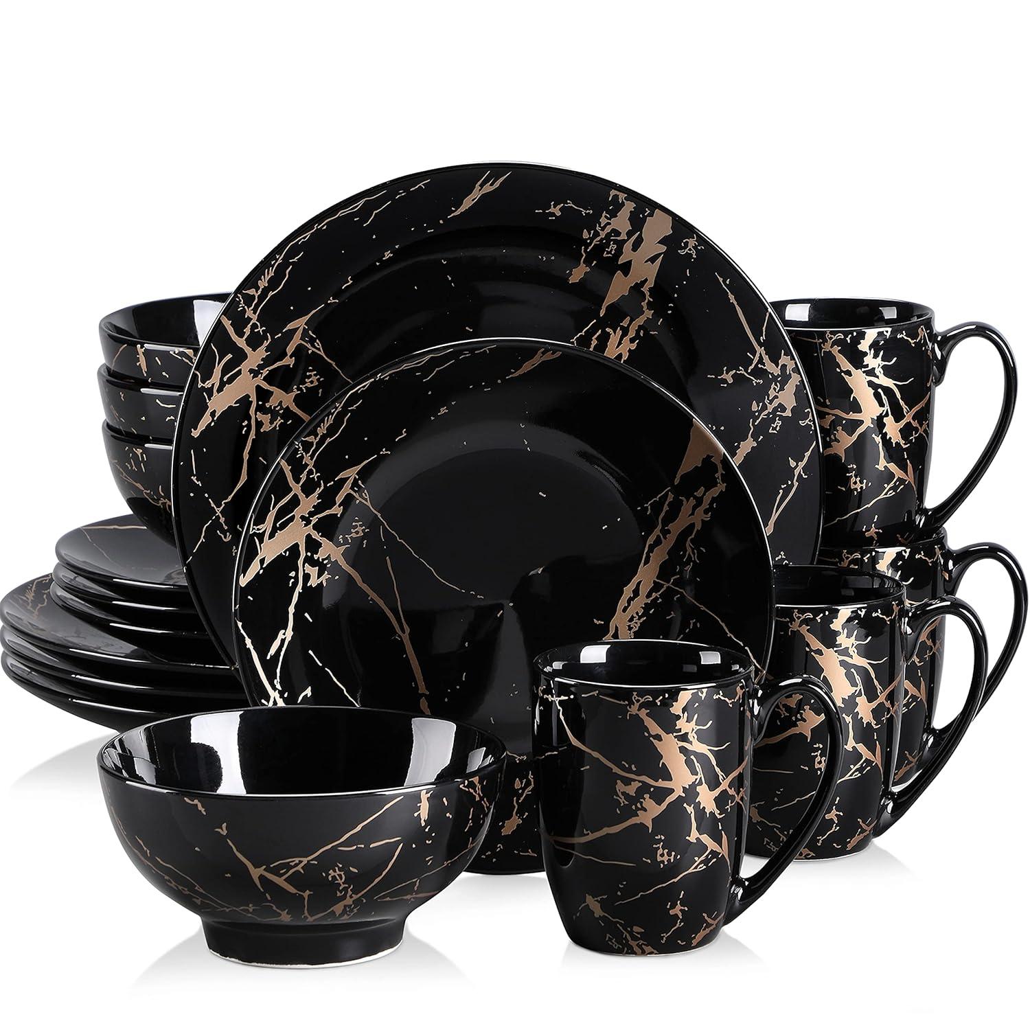 Plates And Bowls Sets For 4, Porcelain Dinnerware Sets  Gold Splash Glaze Ceramic Dish Set, Round Dinner Set With Mugs, Dishwasher Microwave Safe,(Black/16 Piece)