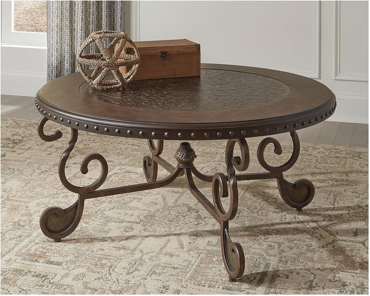 Signature Design by Ashley Rafferty Ornate Round Coffee Tabe with Decorative Metal Detail, Dark Brown