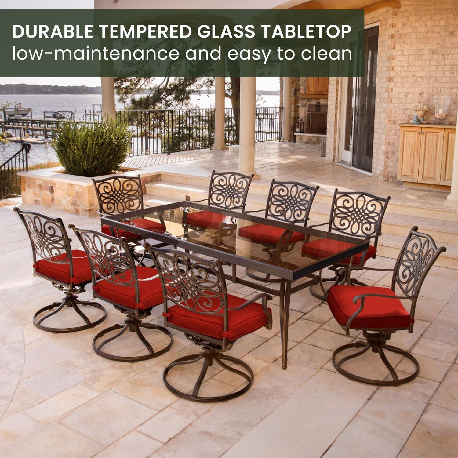 Elegant 8-Person Tempered Glass-Top Outdoor Dining Set with Red Cushions