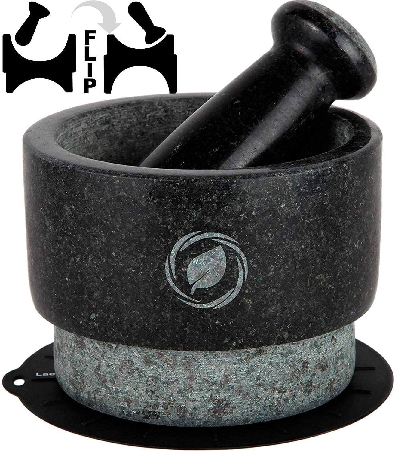 Mortar and Pestle Large Set - Laevo Black Granite Stone Spice Grinder, 2.1 Cup Capacity, 5.5 Inches - Reversible Molcajete Mexicano - Guacamole, Spices - Large Mortar and Pestles Set