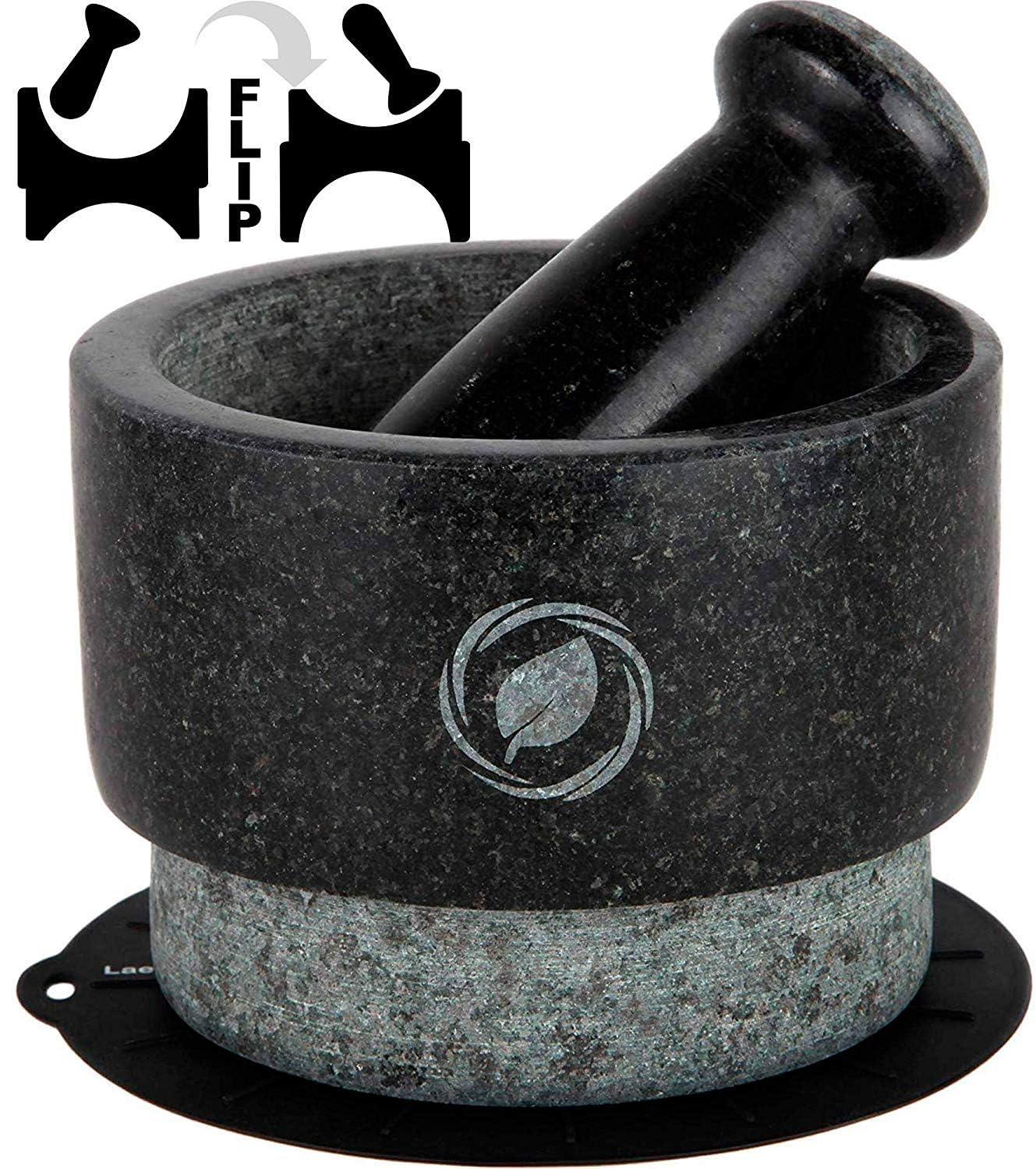 Mortar and Pestle Large Set - Laevo Black Granite Stone Spice Grinder, 2.1 Cup Capacity, 5.5 Inches - Reversible Molcajete Mexicano - Guacamole, Spices - Large Mortar and Pestles Set