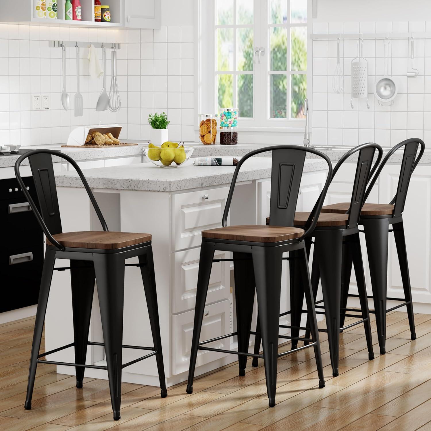 Alunaune 26" Swivel Metal Bar Stools Set of 4 High Back Counter Height Barstools Industrial Dining Bar Chairs with Large Wooden Seat-Matte Black