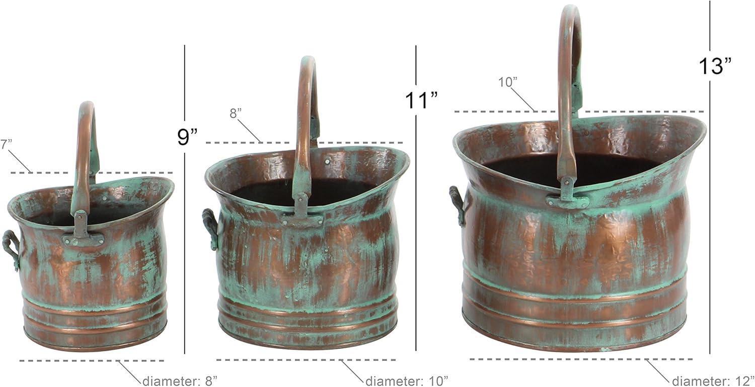 DecMode 13", 11", 9"W Indoor Outdoor Patina Tulip Style Bucket Copper Metal Planter with Stationary Handles (3 Count)