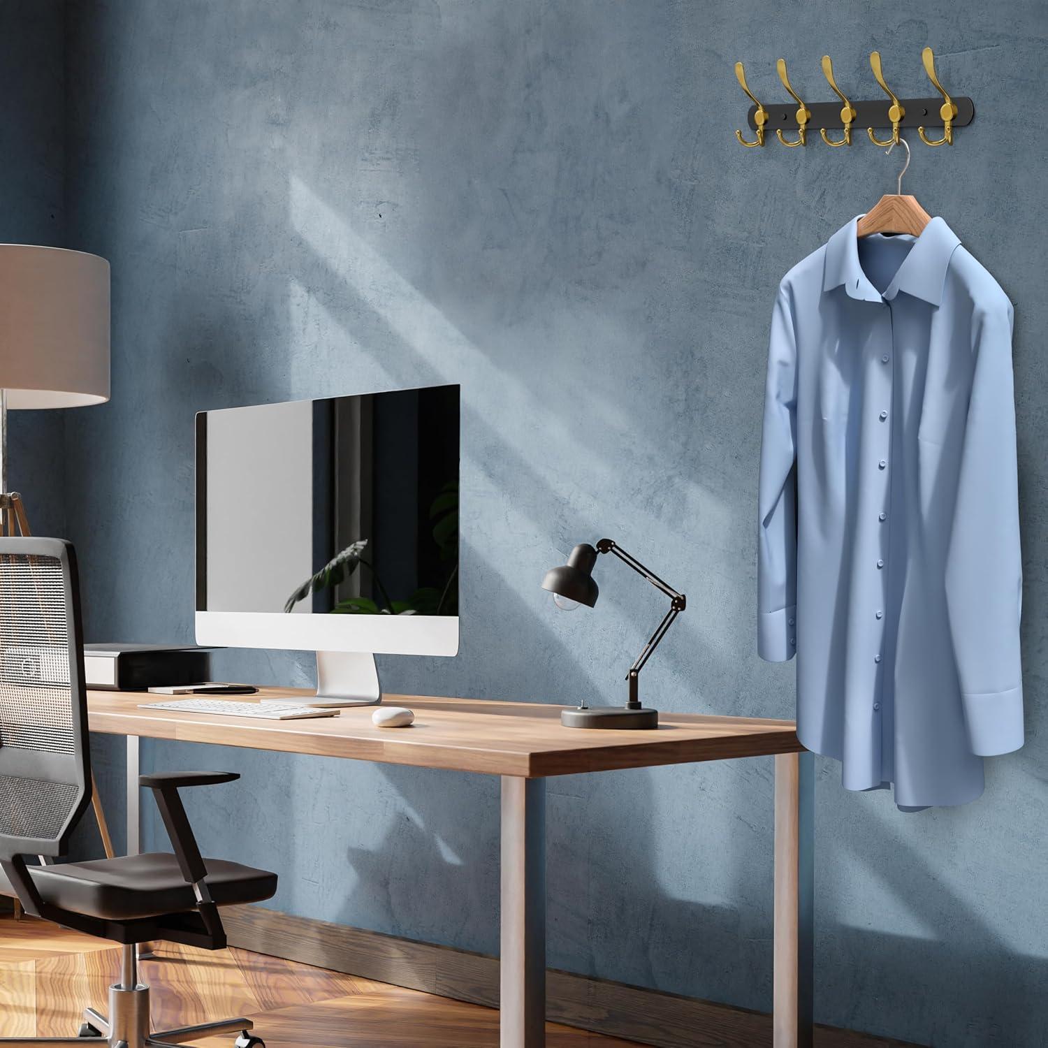 Black and Gold Coat Rack Wall Mounted - 16 Inch Heavy Duty Stainless Steel Matte Finish Wall Hook Rack - 5 Tri Coat Hooks for Hanging Towels, Bags, Hat - Bathroom Entryway - 2 Pack