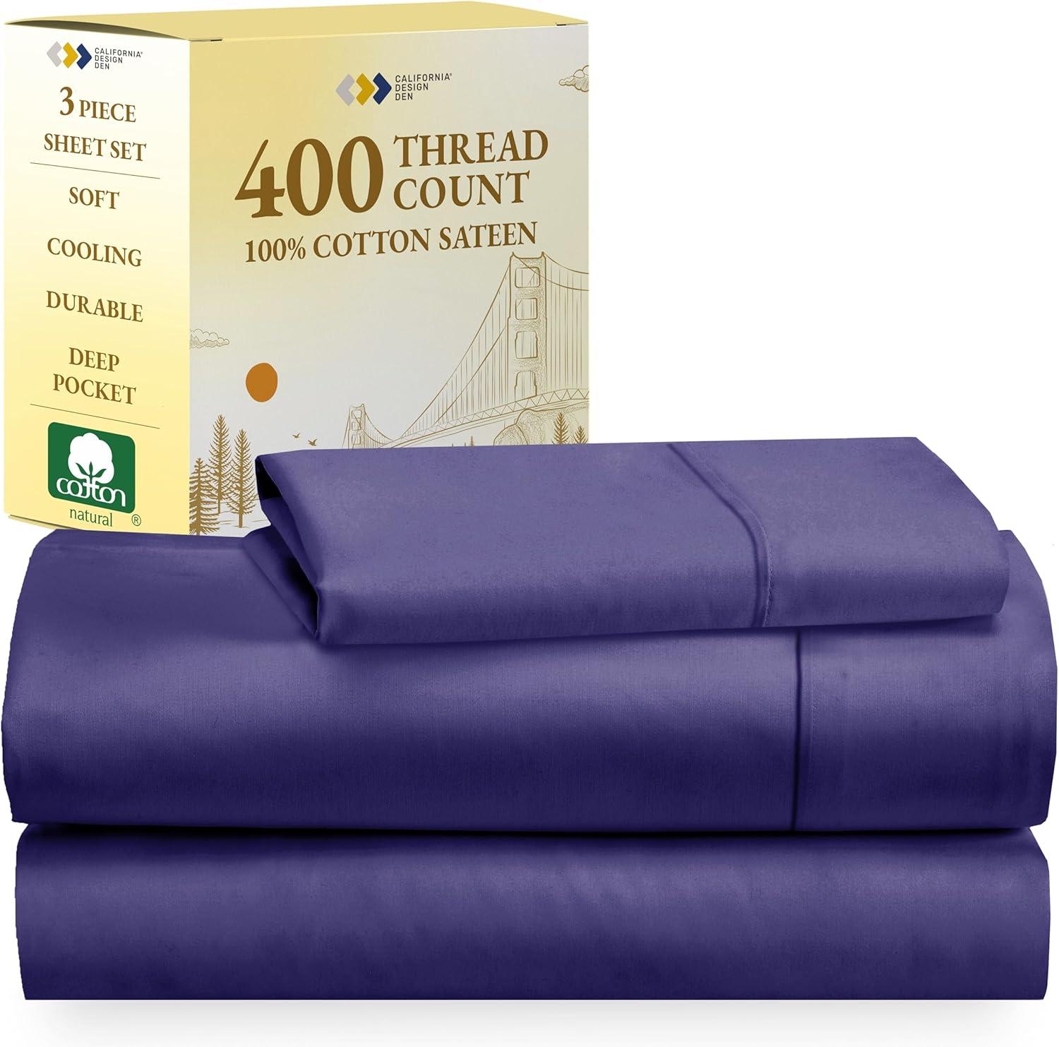 California Design Den Twin Sheets Set - Soft 400 Thread Count Sateen, Natural 100% Cotton Sheets with Deep Pockets, Cooling and Durable Bedding Set - Purple
