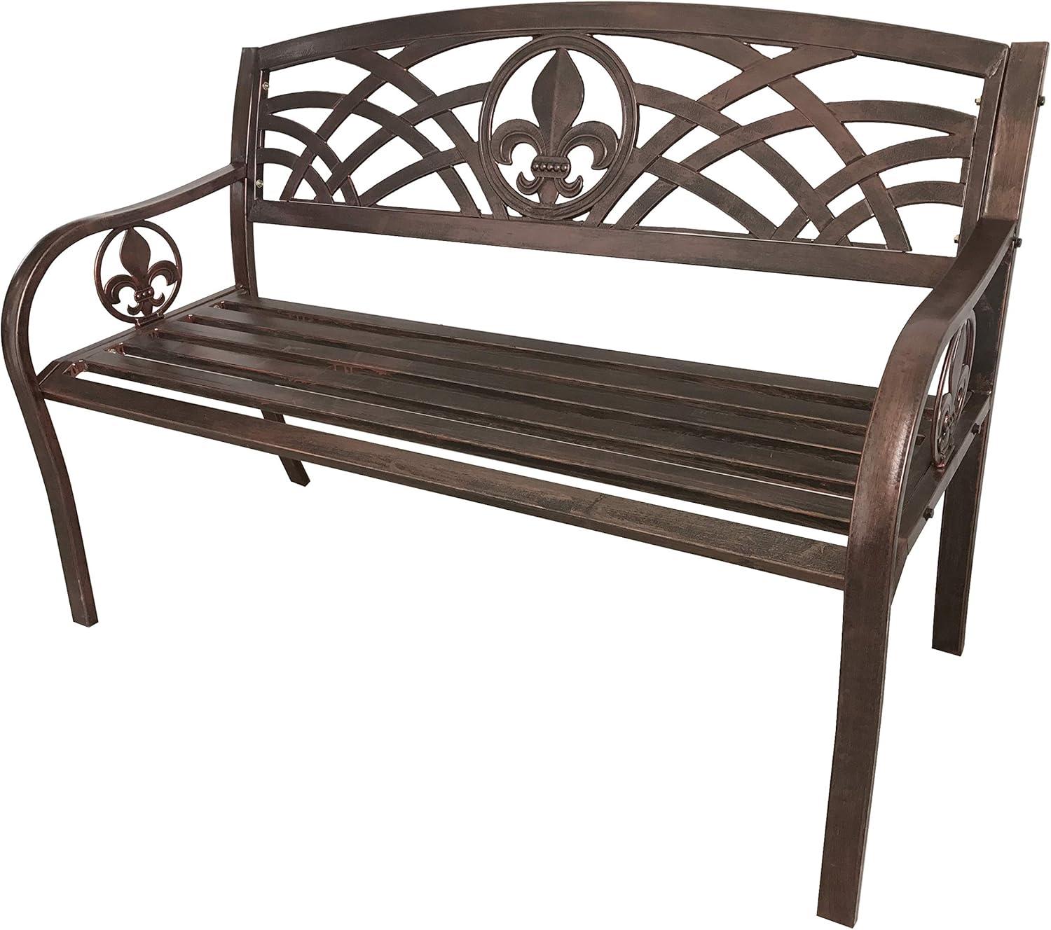 Leigh Country Outdoor Metal Patio Bench with Fleur-De-Lis - Bronze