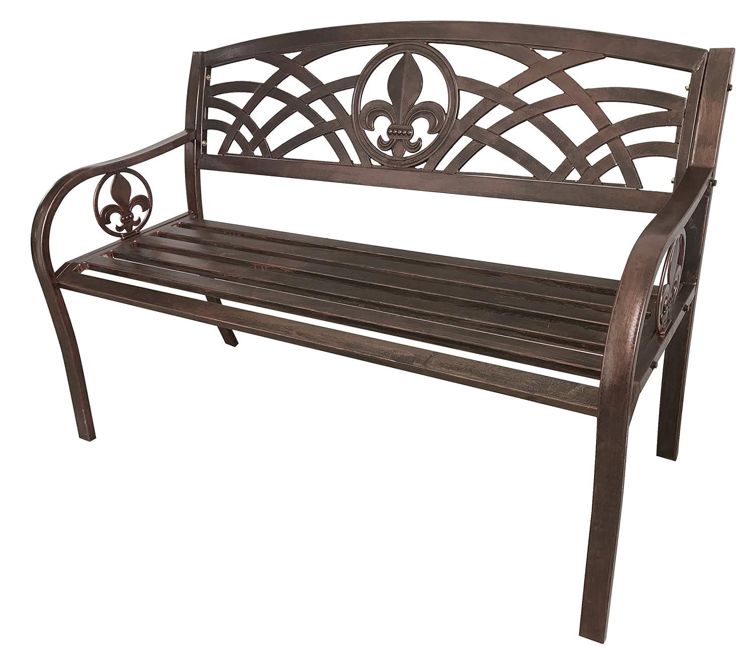 Leigh Country Outdoor Metal Patio Bench with Fleur-De-Lis - Bronze