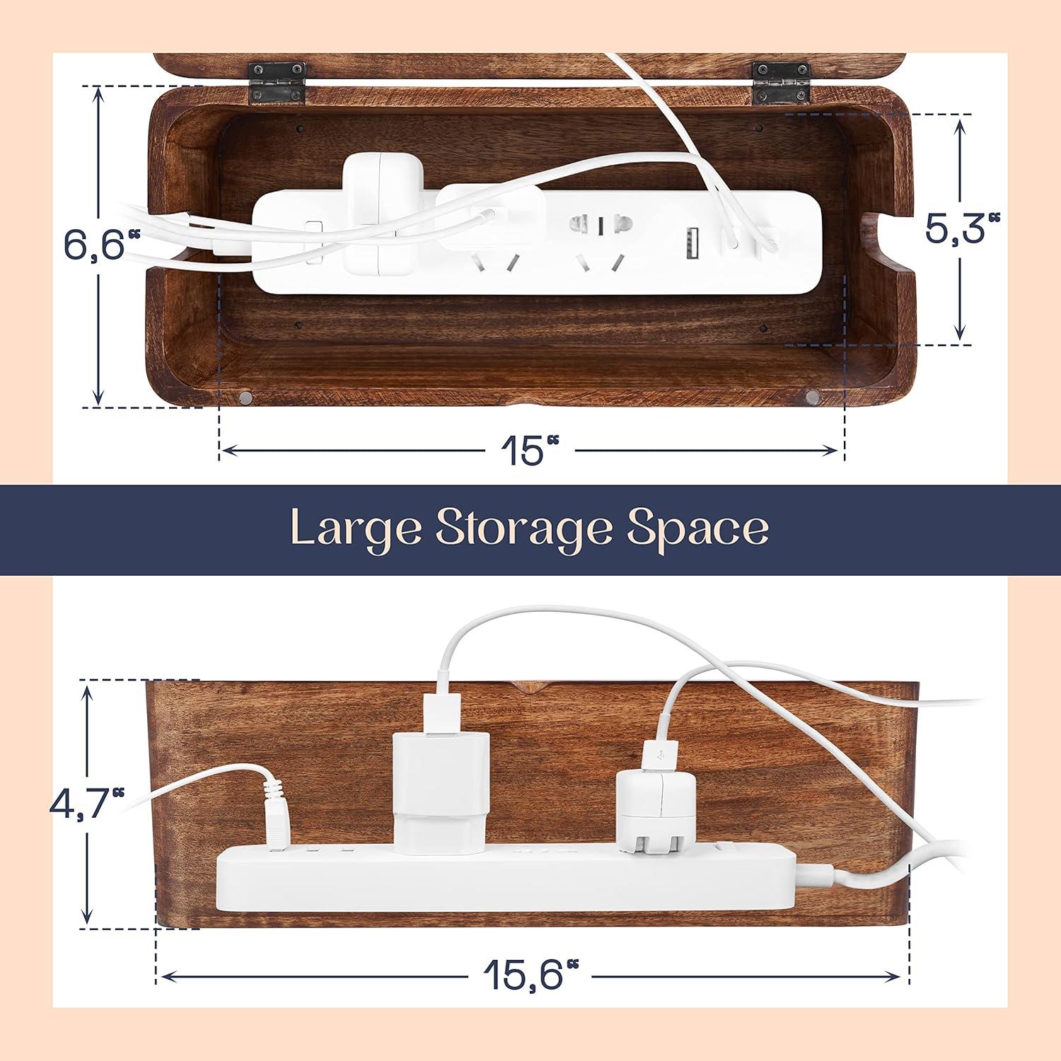 Luxe Designs Large Cable Management Box – Wooden Cord Organizer for Home & Office - Power Strips & Surge Protector - Wire Storage for Desk or Floor to Hide Cords and Cables