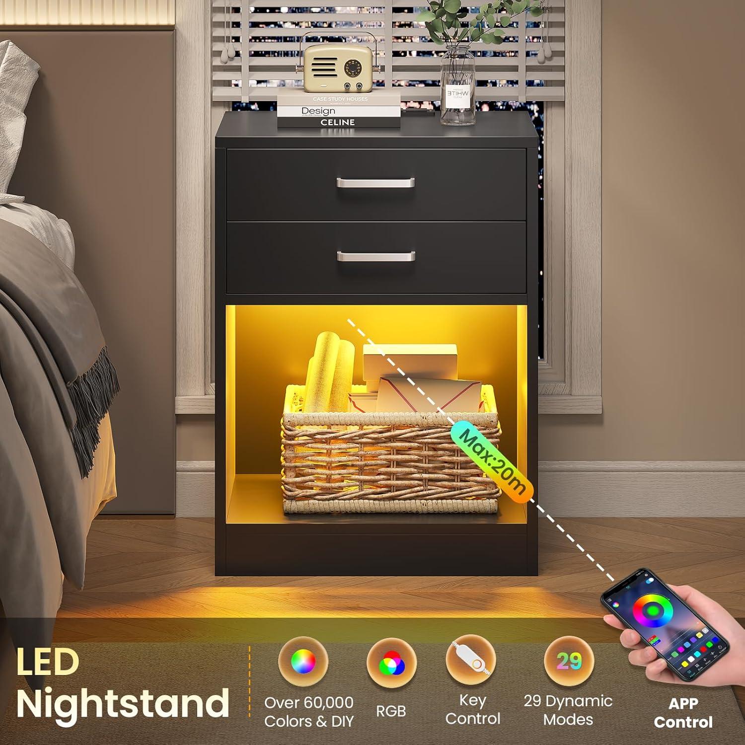 Mesita de Noche con Estación de Carga y Luces LED, Mesita de Noche Moderna con 3 Cajones de Almacenamiento, Diseño de Perfil Curvo, Negro Clásico