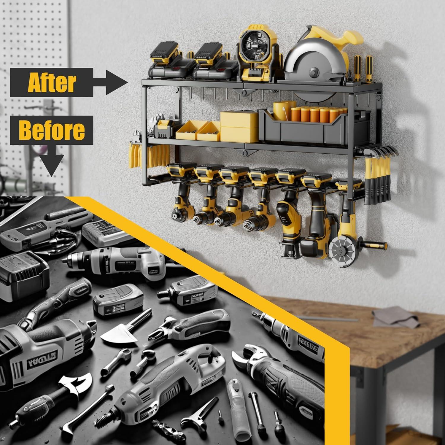 Power Tool Organizer, 7 Drill Holder for Tool Organizer, Storage and Organization for Garage, Heavy Duty Metal Tool Shelf Utility Rack for Cordless Power Tools Suitable for Pegboard/Workshop