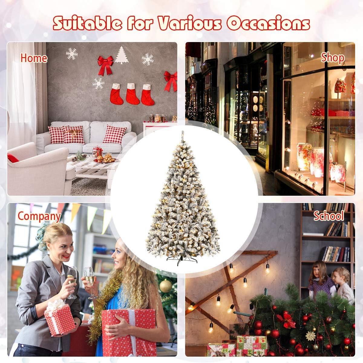 9-Foot White Flocked Pine Christmas Tree with Warm LED Lights