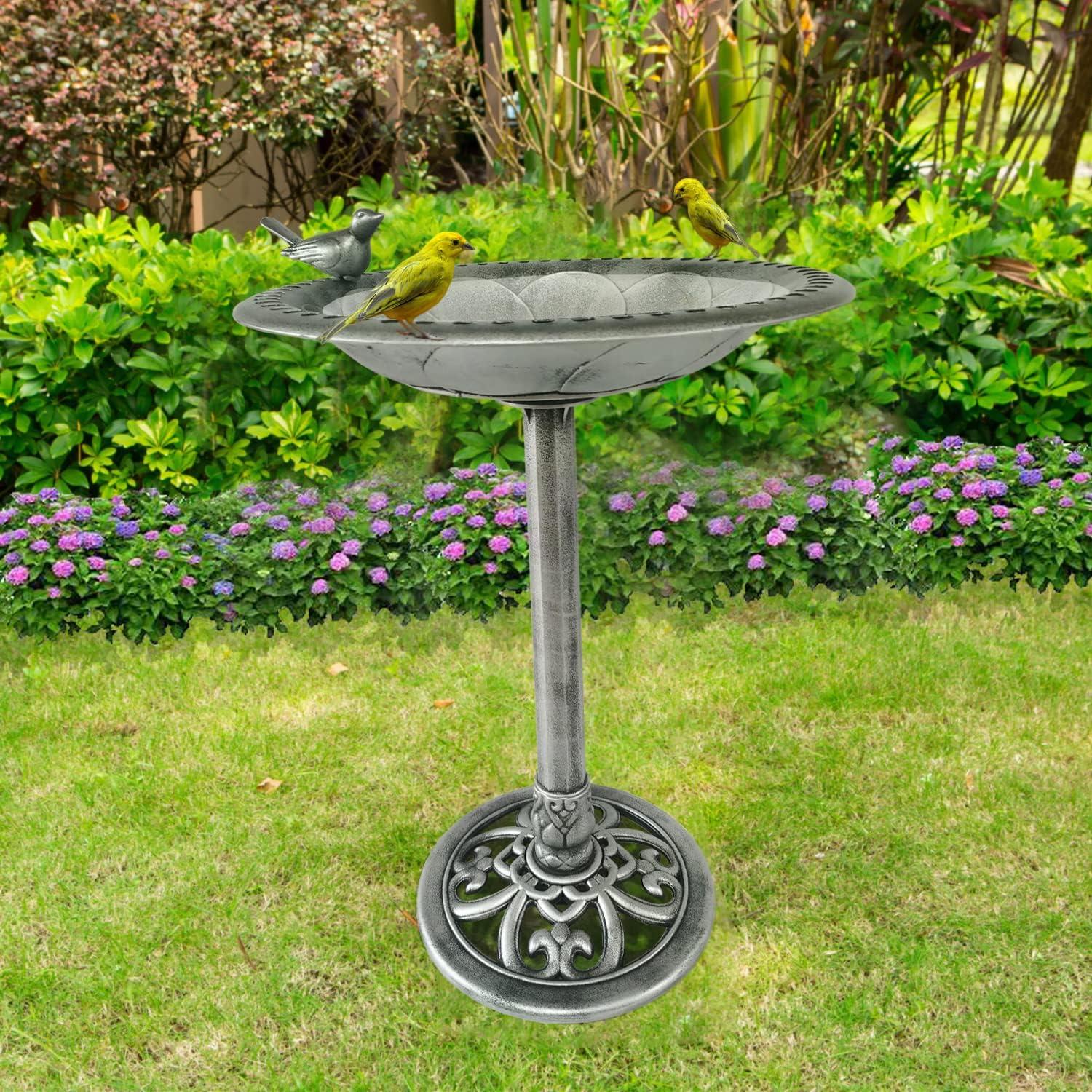 30 Inch Silver Polyresin Outdoor Garden Bird Bath