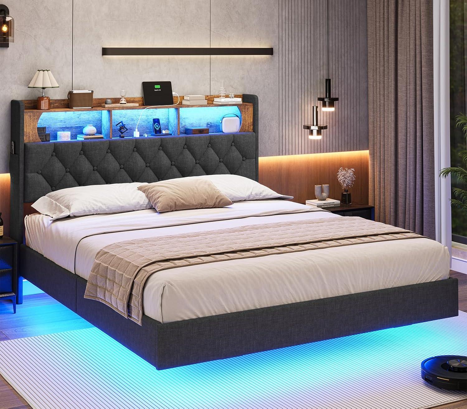 Weiplehoom Full Floating Bed Frame with Storage Headboard and LED Lights, Linen Upholstered Platform Bed with Charging Station, Dark Gray