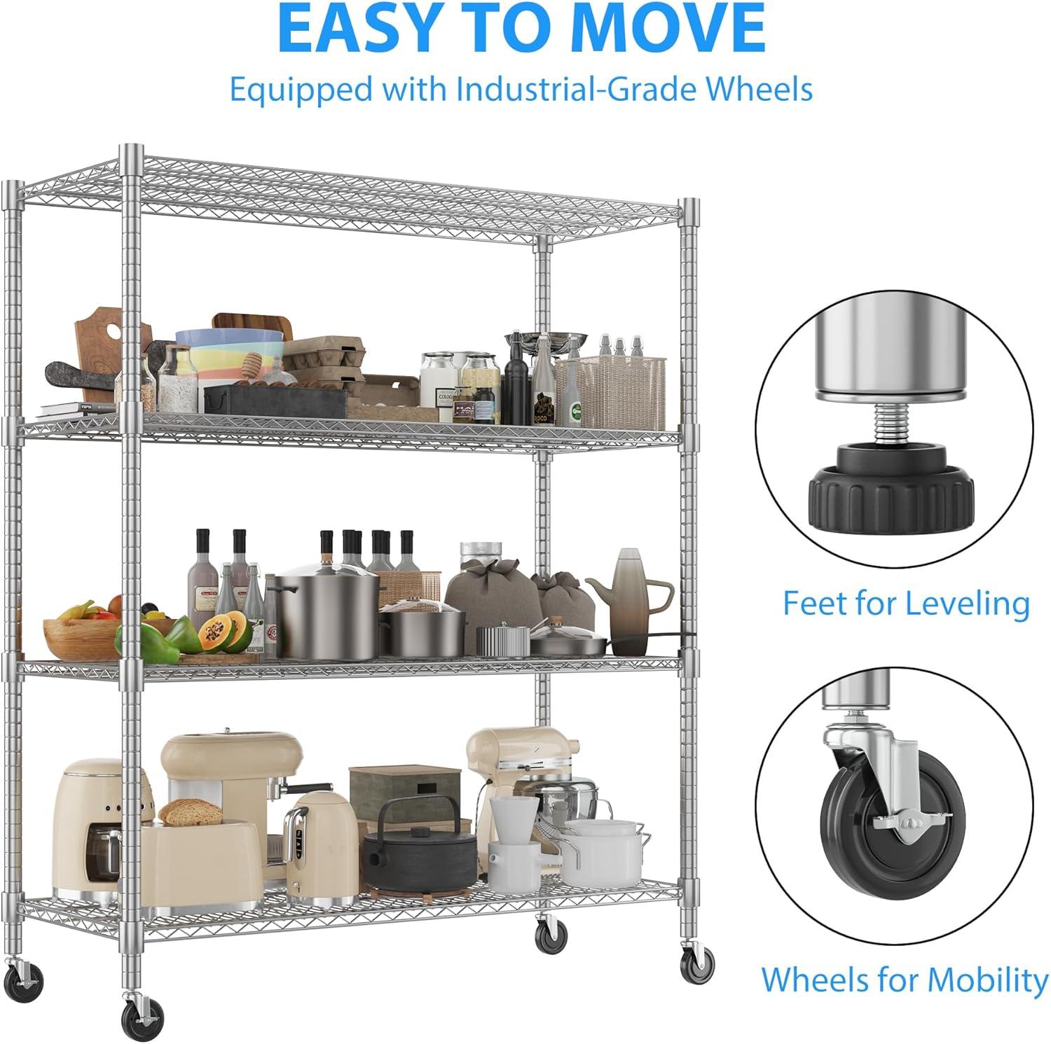 Homdox Heavy Duty Metal Shelves for Storage, 4 Tier Storage Racks and Shelving, Commercial Adjustable Wire Shelving Unit on Wheels, Garage Rack Pantry Shelves Kitchen Shelving, 24"x48"x72", Chrome