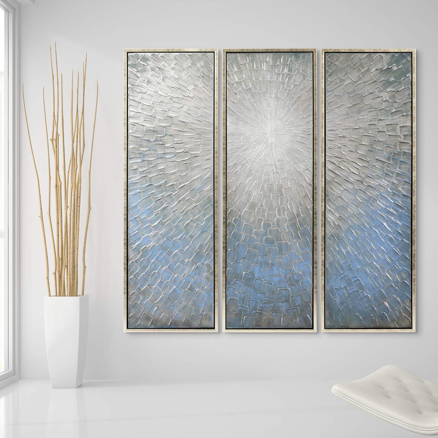 Silver Ice 60" Textured Hand-Painted Abstract Canvas Triptych