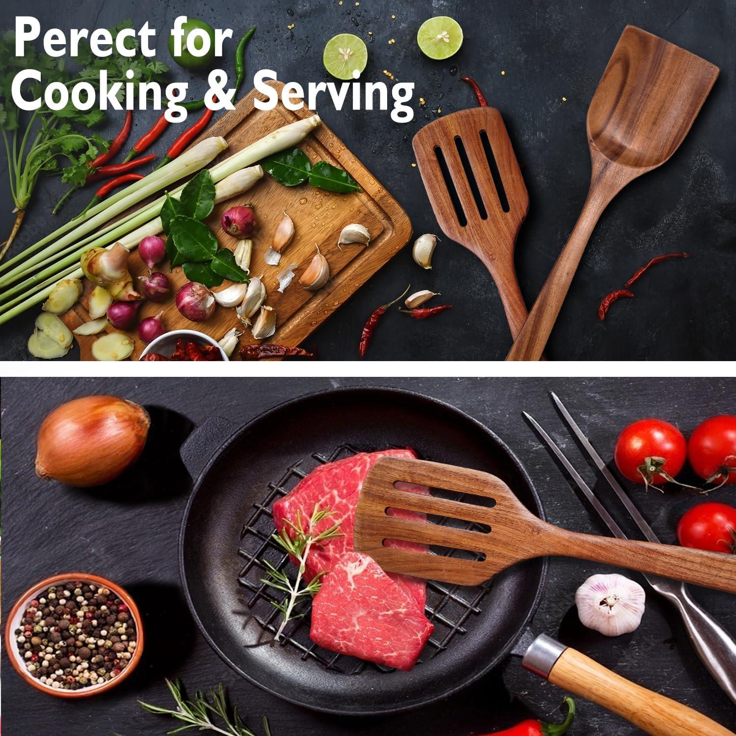 Sandistore Plate Mates Set 7PCS Wooden Cooking Utensils Kitchen Utensil Natural Teak Wood Kitchen Utensils Tool Nonstick Hard Wooden Spatula And Wooden Spoons