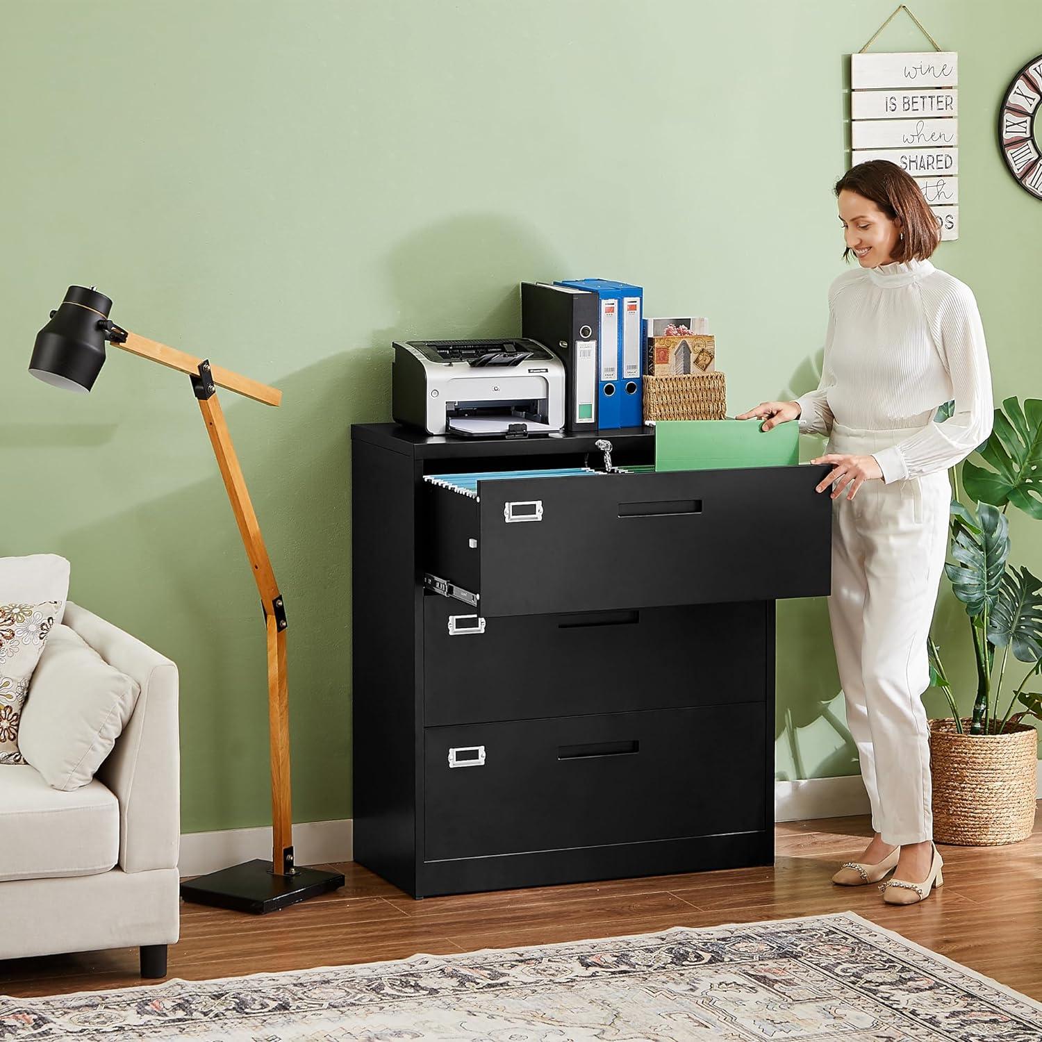 Black Steel 3-Drawer Lockable Lateral File Cabinet