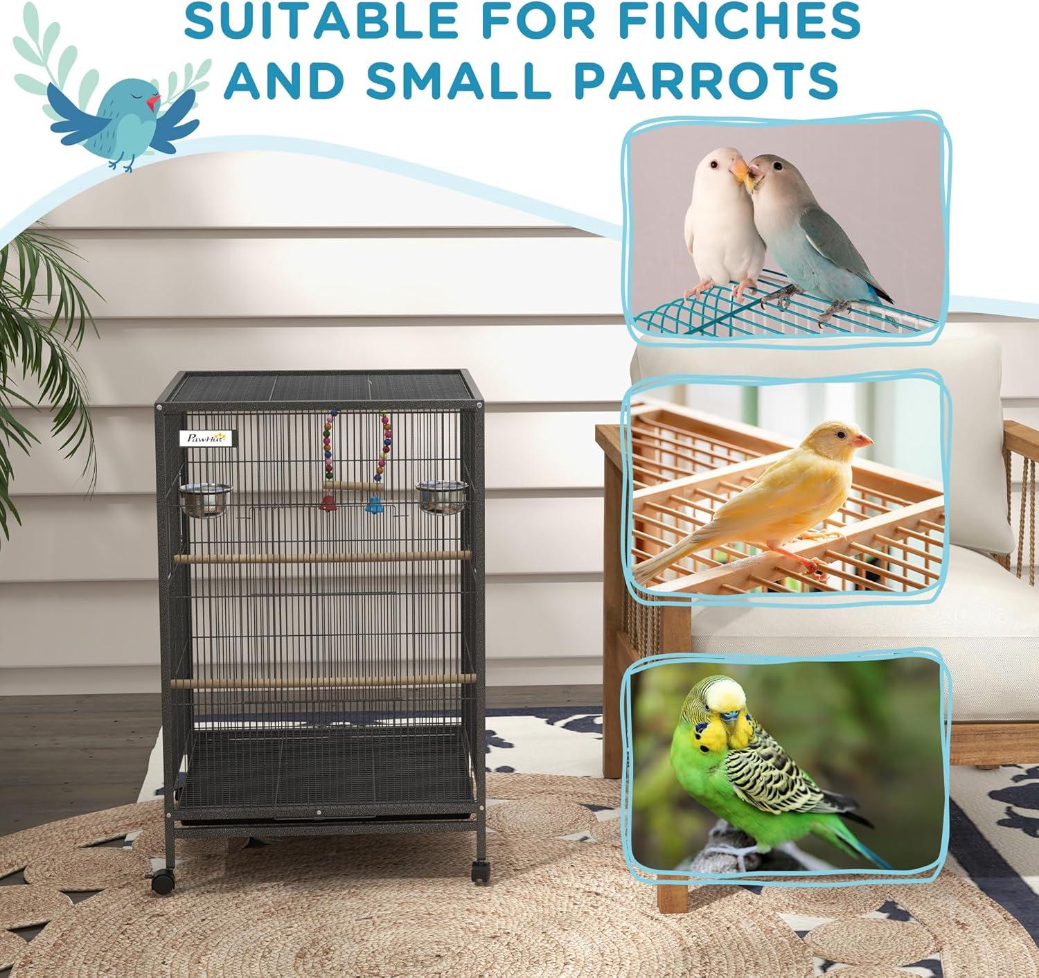 Pawhut Metal Bird Cage with Stand for Parrots, Lovebirds, Finches, Gray