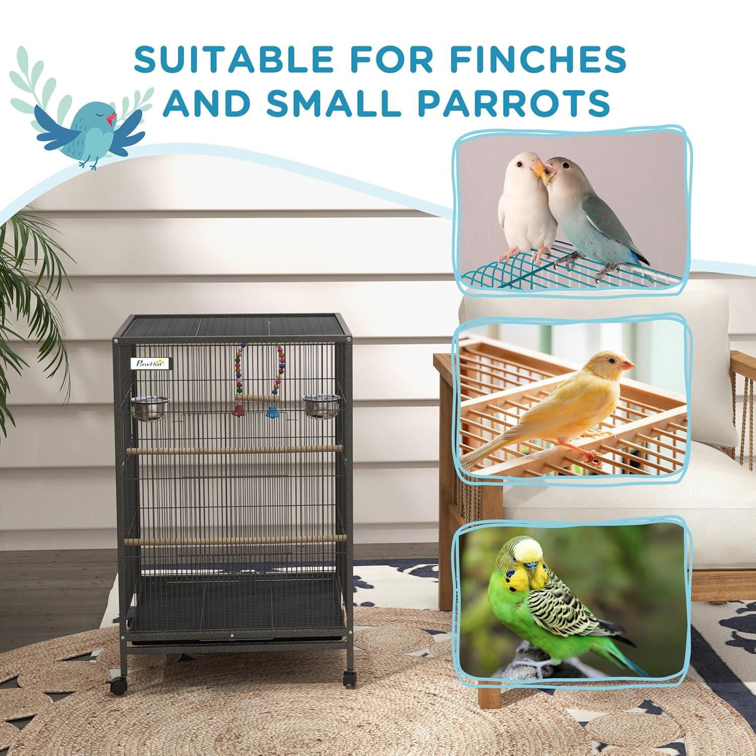 Pawhut Metal Bird Cage with Stand for Parrots, Lovebirds, Finches, Gray