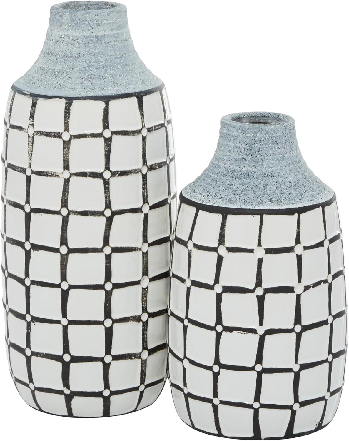 Coastal Charm White Ceramic Vase Duo with Grid Pattern