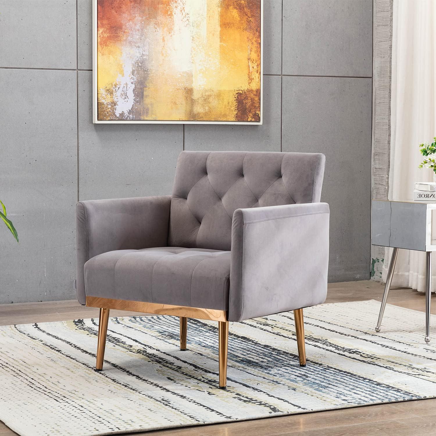 Velvet Accent Chair, Modern Wide Seat Single Sofa Armchair with Gold Metal Legs, Upholstered Button Tufted Reading Chair Club Chair for Living Room Bedroom Apartment, Gray