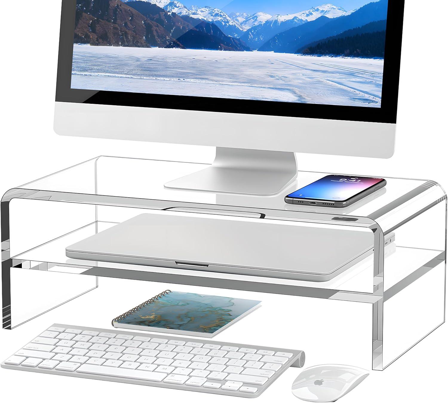 Clear Acrylic 2-Tier Monitor Stand Riser with Storage