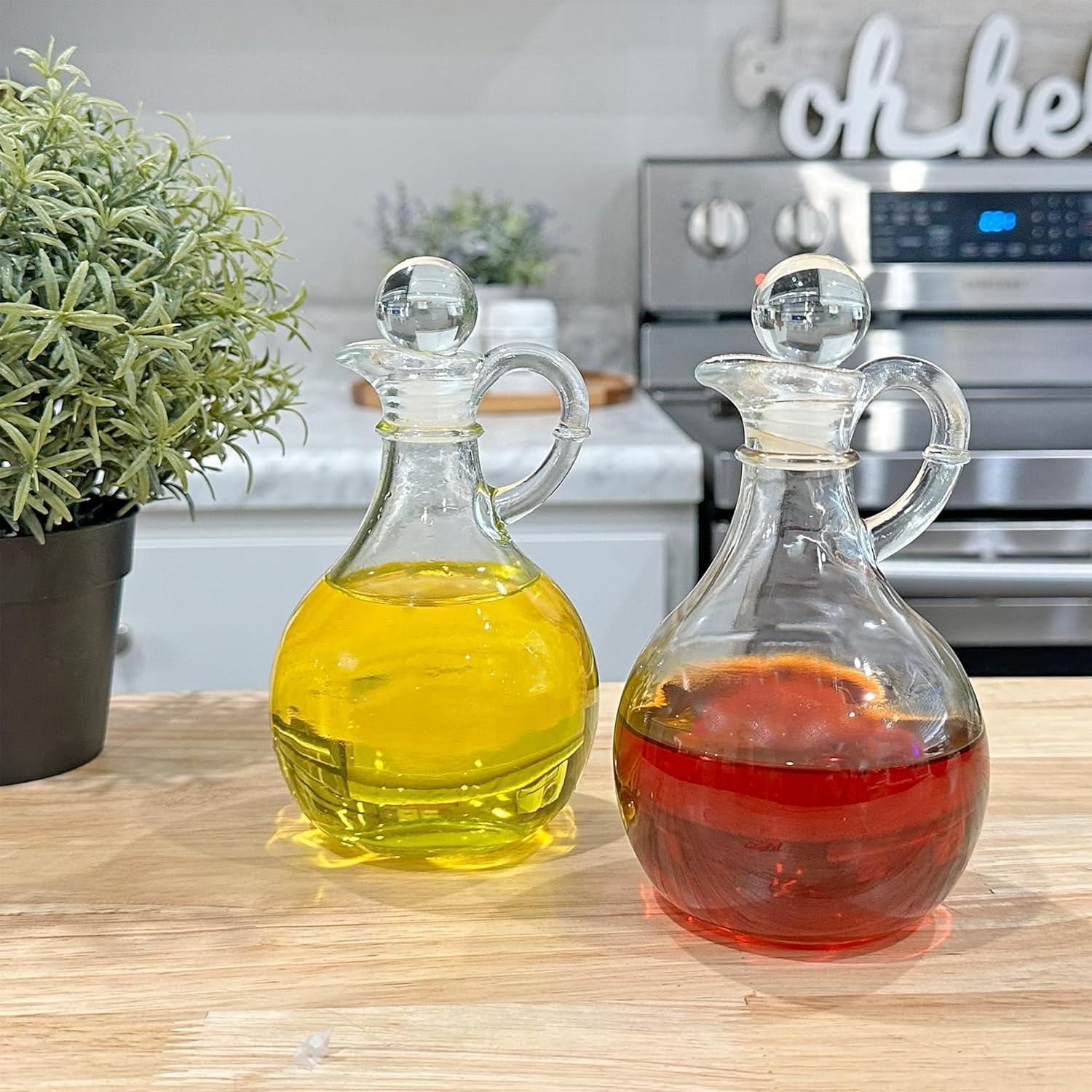 Cornucopia Brands 8oz Glass Oil and Vinegar Cruets (Set of 2); Round Oil Dispensers / Salad Dressing Bottles w/ Stoppers