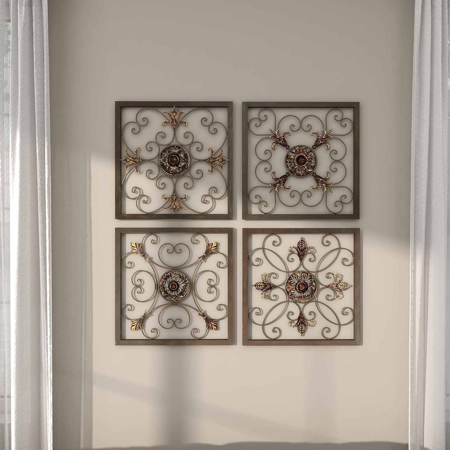 DecMode Rustic Brown Square Metal Wall Décor Set of 4 14"W x 14"H