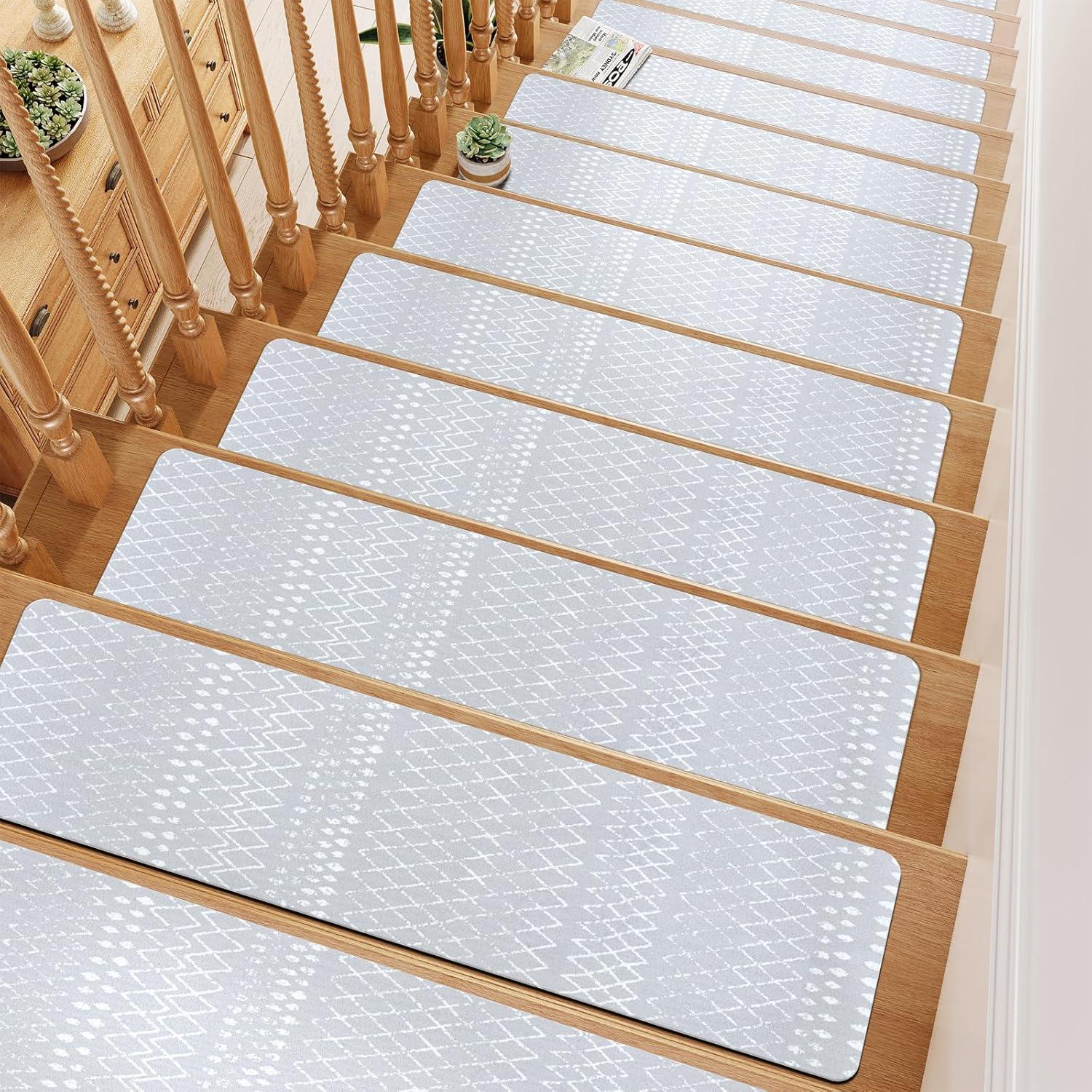 Bungalow Rose Stair Treads Non Slip For Wooden Steps, 15PCS 8"X30" Grey Rubber Backing Stair Runner Mats, Washable Reusable Carpet For Stairs Rugs Indoor Safety Staircase Step Treads For Kids Elders Dogs