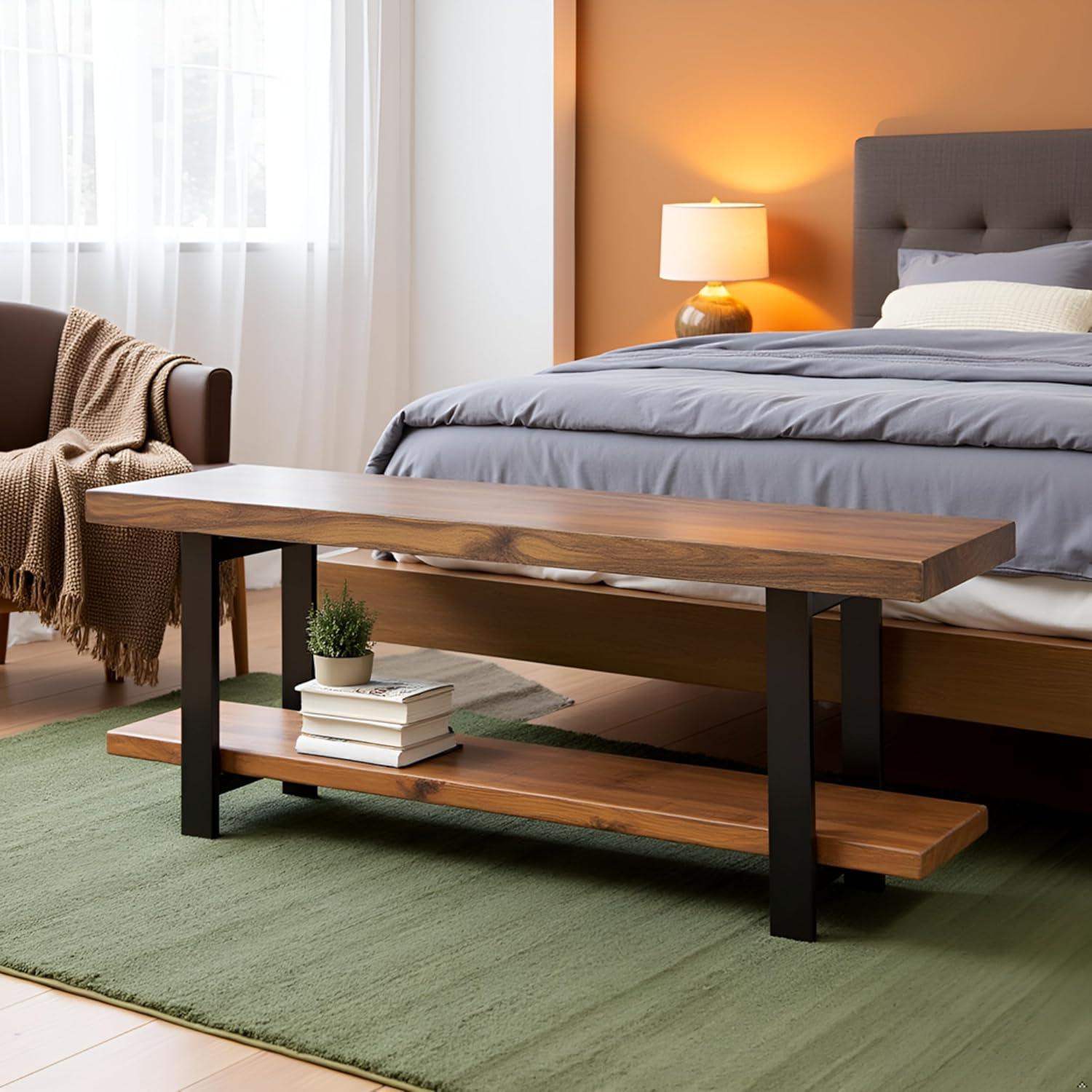 48" Pomona Solid Wood and Metal Entryway Bench Brown - Alaterre Furniture: Rustic Style, 2-Seater with Storage, Spot Clean
