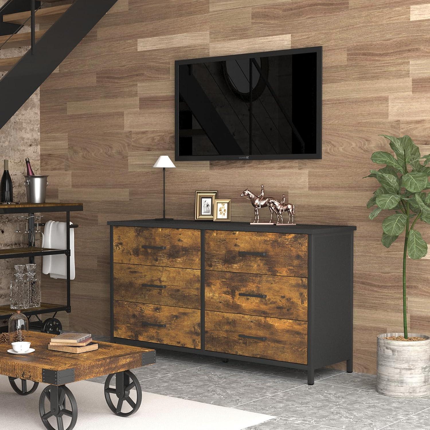 Rustic Brown Industrial Double Dresser with Black Metal Frame