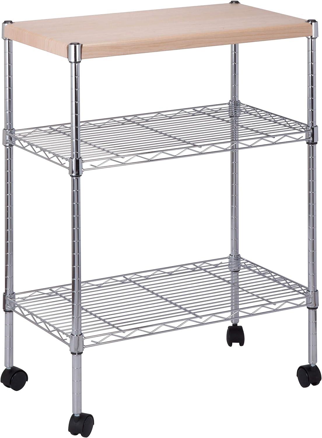 Chrome and Wood 3-Tier Kitchen Cart with Lockable Wheels