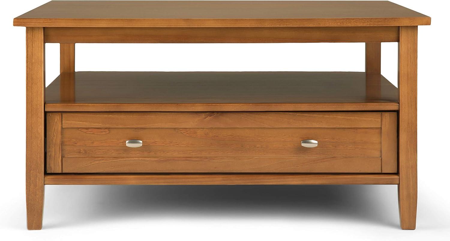Simpli Home Warm Shaker 36"W Solid Wood Square Coffee Table with Two Drawers and Open Shelf