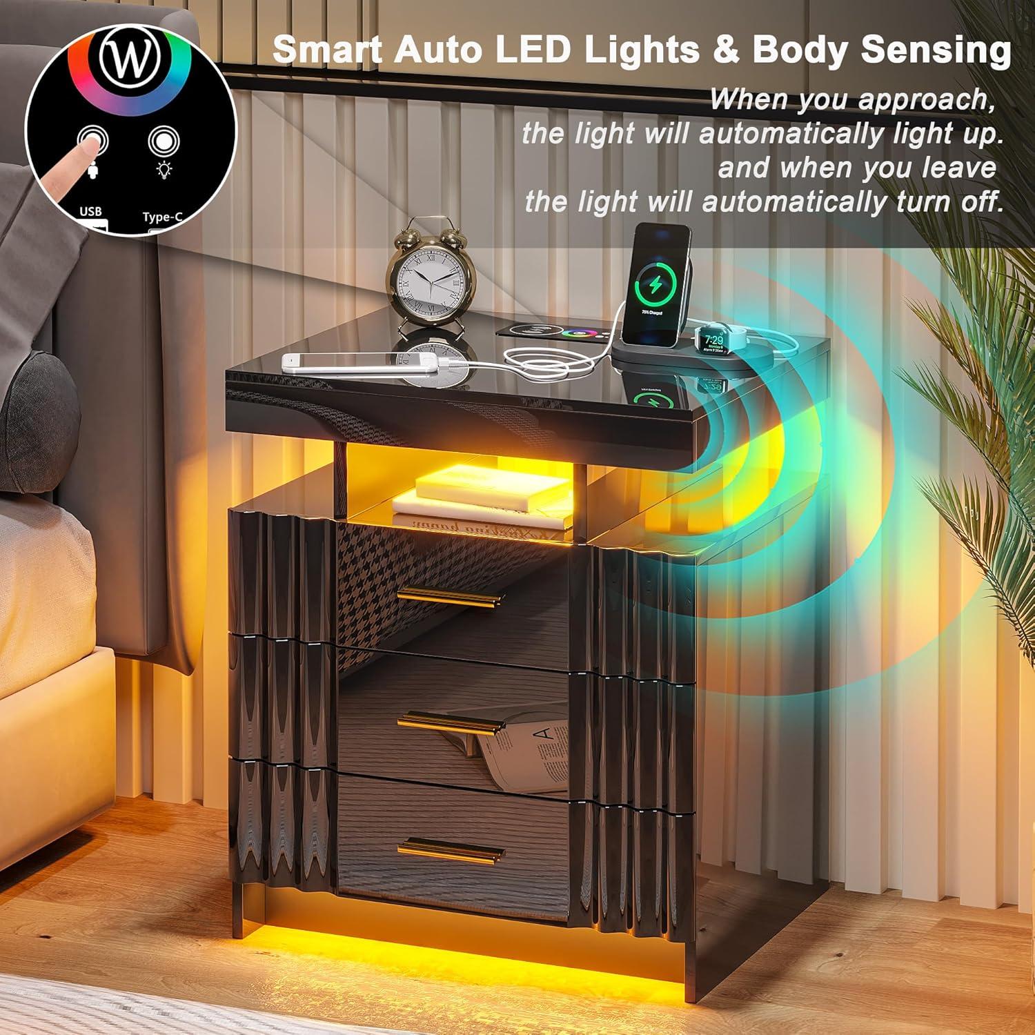 HNEBC Smart LED Nightstand with Wireless Charging & USB Ports, High Glossy Night Stand with 3 Drawers and 1 Pull-Out Tray, Modern Bedside Table with Human Sensor for Bedroom (White)