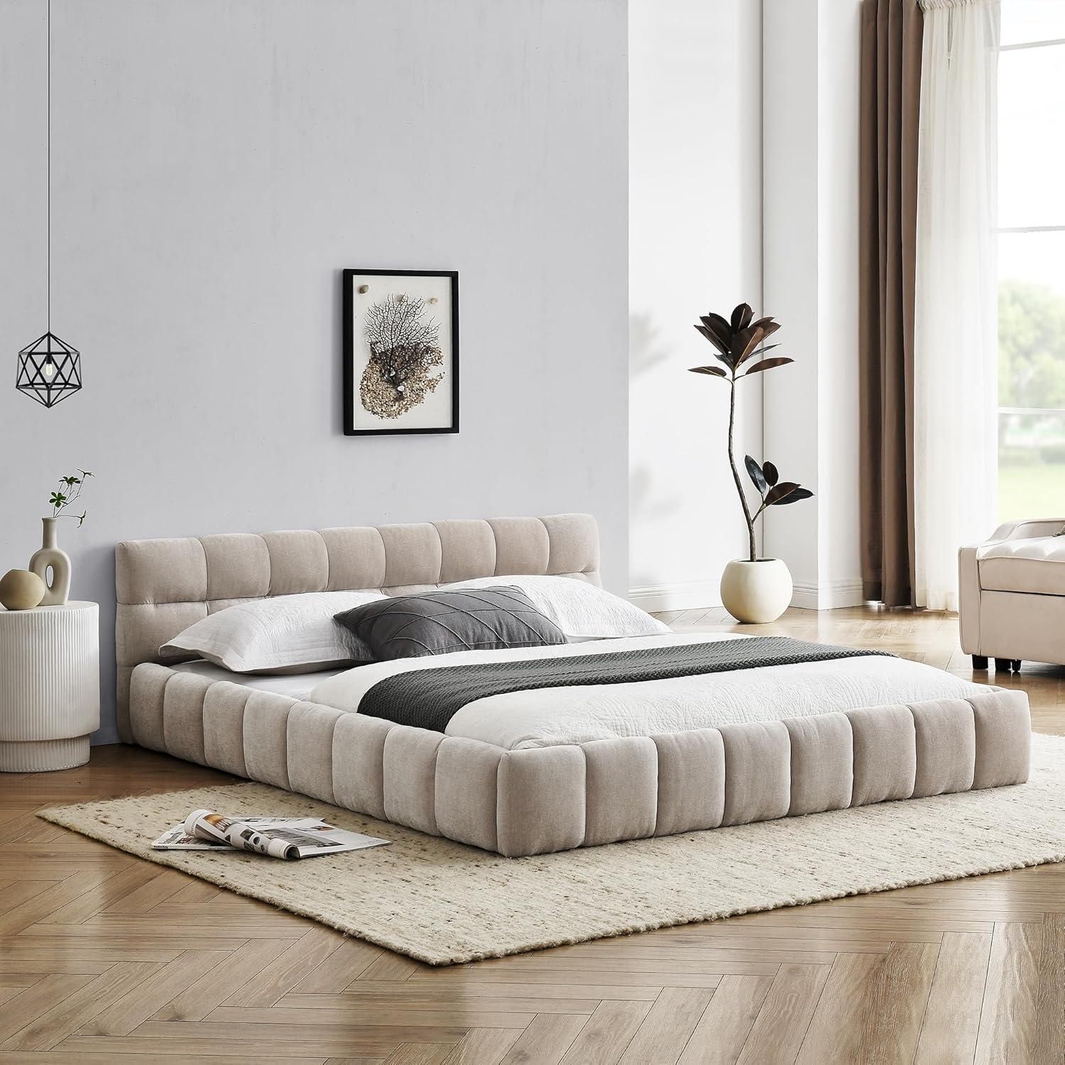 Beige Chenille Upholstered Queen Platform Bed with Soft Headboard