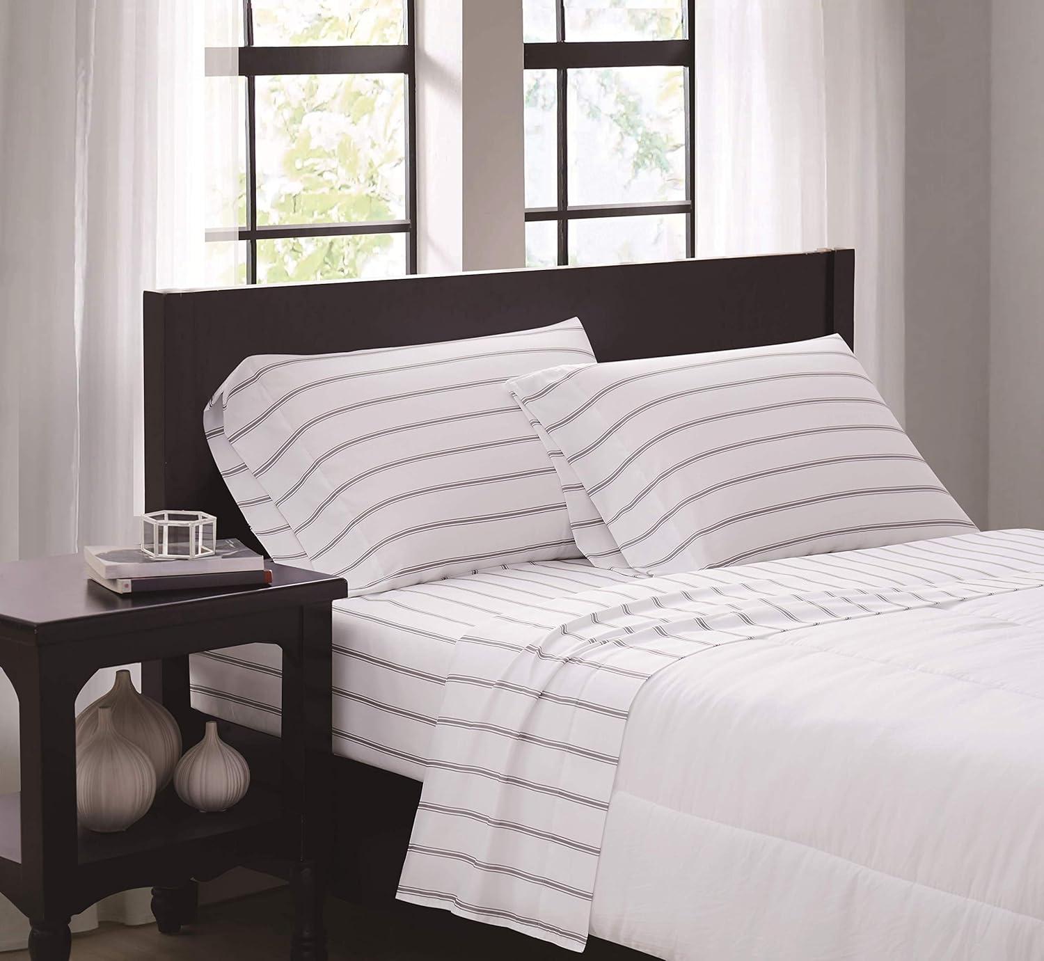 White and Grey Ticking Stripe Full Microfiber Sheet Set