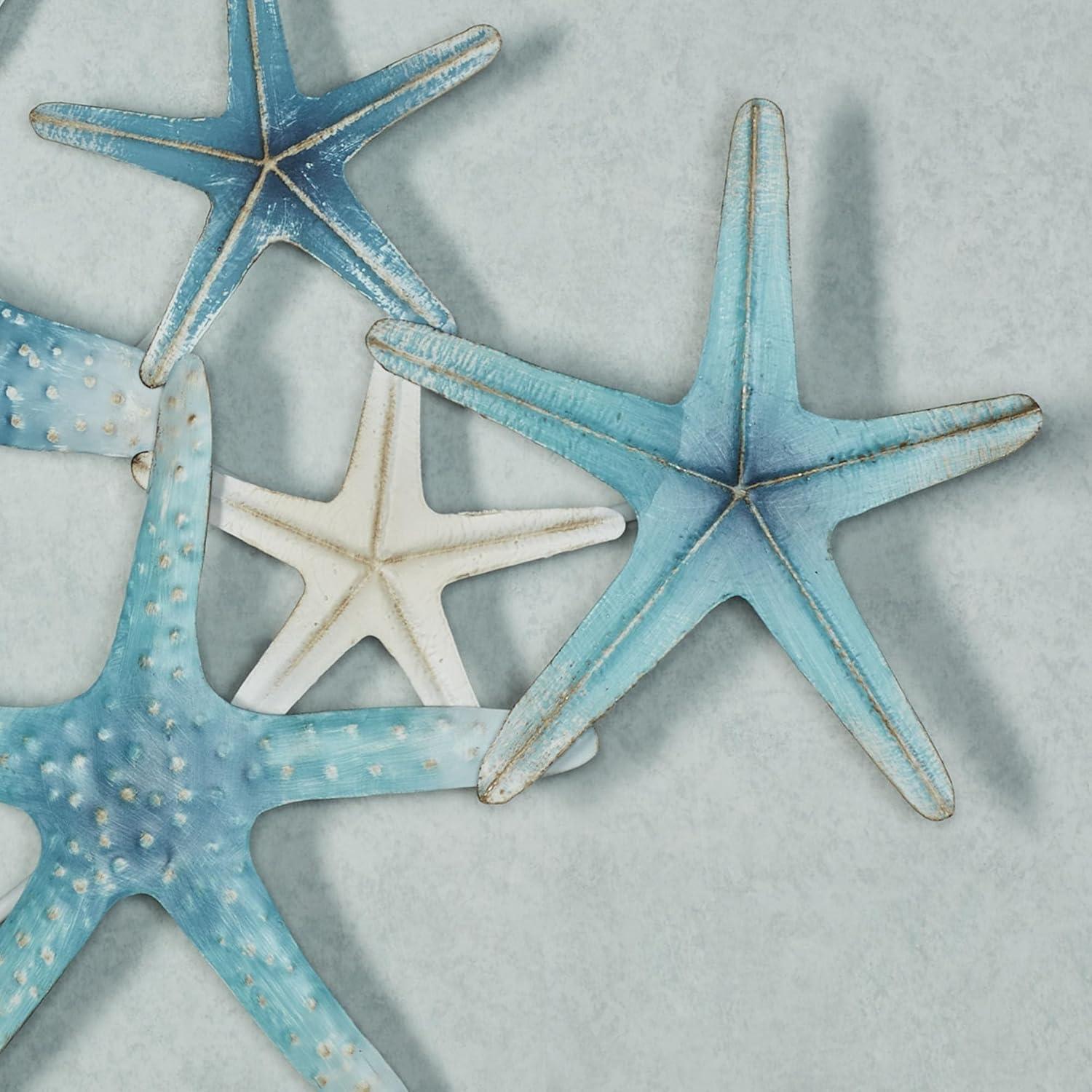 Starfish Cluster Oceanic Metal Wall Sculpture | Handpainted Coastal Blue, Antique White, and Metallic Gold Hues | Layered, Textured Starfish Beach Collage Wall Art | Hangs Horizontally or Vertically