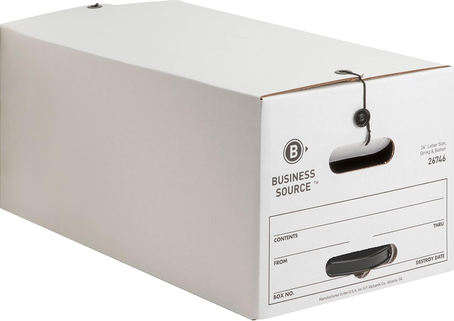 Business Source Medium Duty Letter Size Storage Box Internal Dimensions: 12" Width x 24" Depth x 10" Height - External Dimensions: 12.3" Width x 24.1" Depth x 10.8" Height - Media Size Supported: Lett