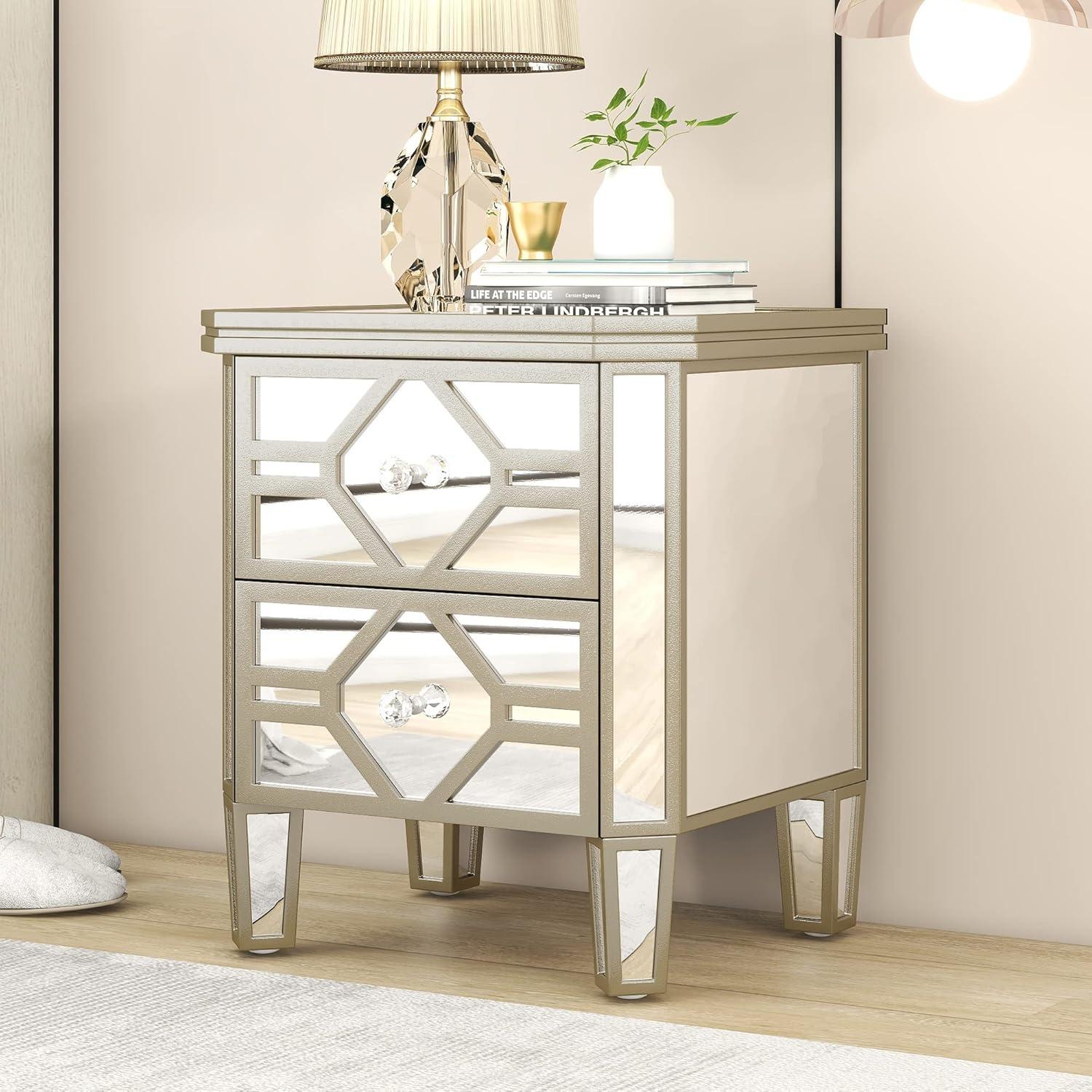 Elegant Silver Mirrored 2-Drawer Nightstand with Golden Accents