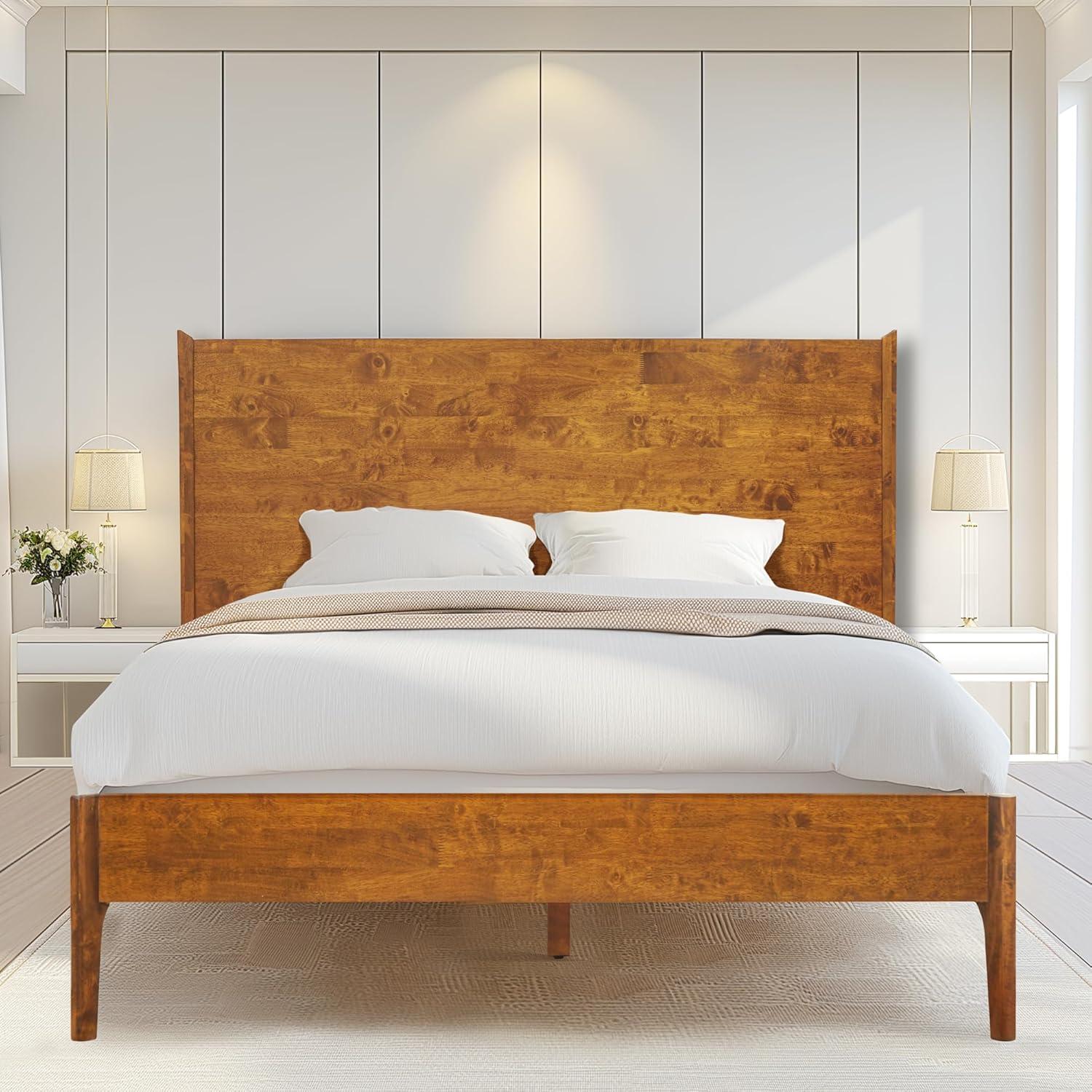 Haven Solid Wood Bed Frame with Headboard, Scandinavian Platform BedAll Mattress Support, 800 lbs Capacity, 5 Years Warranty