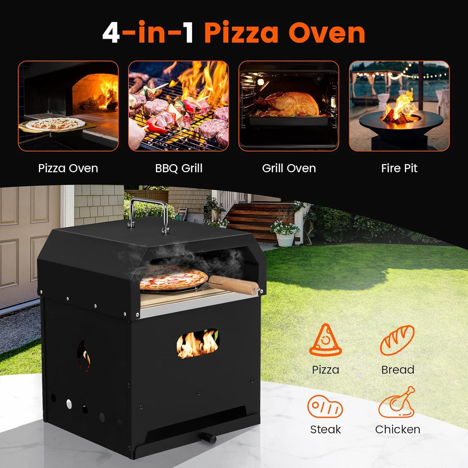 Portable Black Wood-Fired Outdoor Pizza Oven with Accessories