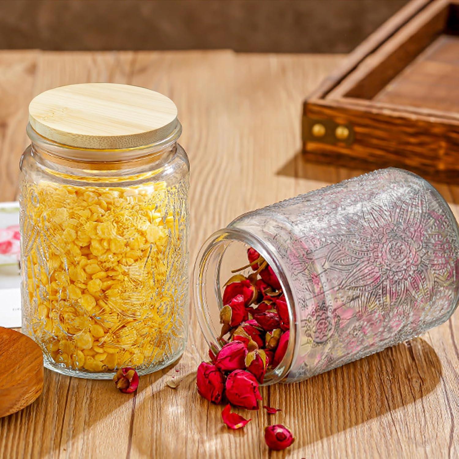 Vintage Clear Glass Jars with Bamboo Lids, Set of 2