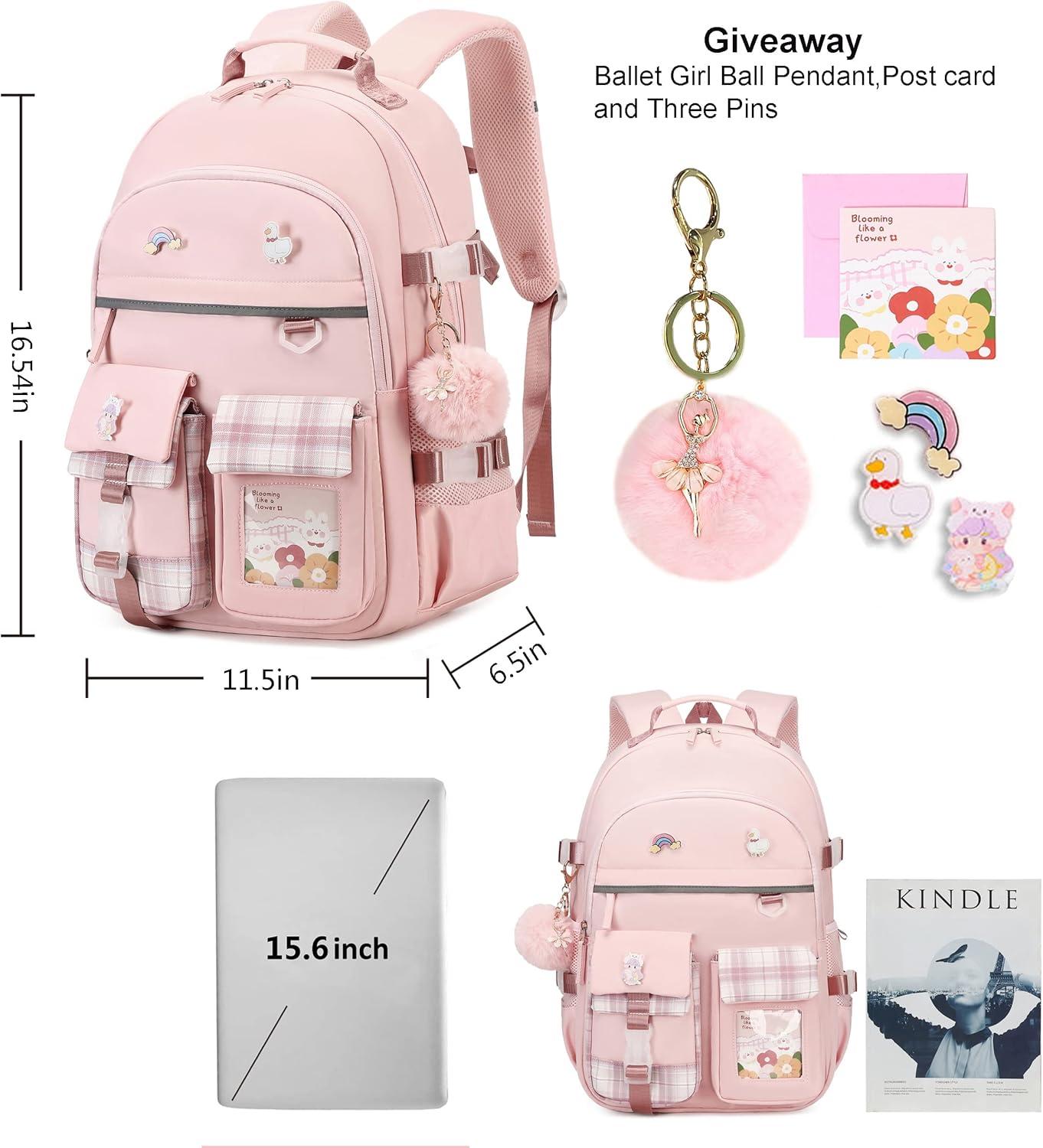 Backpack for Girls, 15.6 Inch Laptop School Bag Kids Kindergarten Elementary College Backpacks Large Bookbags for Teen Girl Women Students Casual Travel Daypacks (Pink)