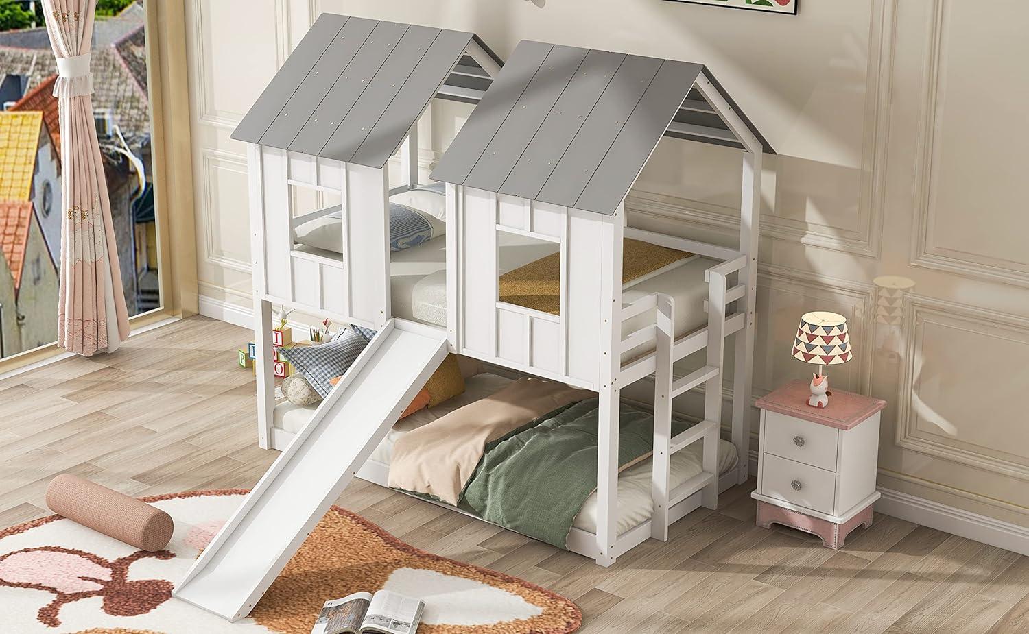 MERITLINE House Bunk Bed with Slide Twin Over Twin, Kids House Bunk Beds with Roof and Windows, Playhouse Bed for Kids, Girls, Boys, No Spring Box Needed, White