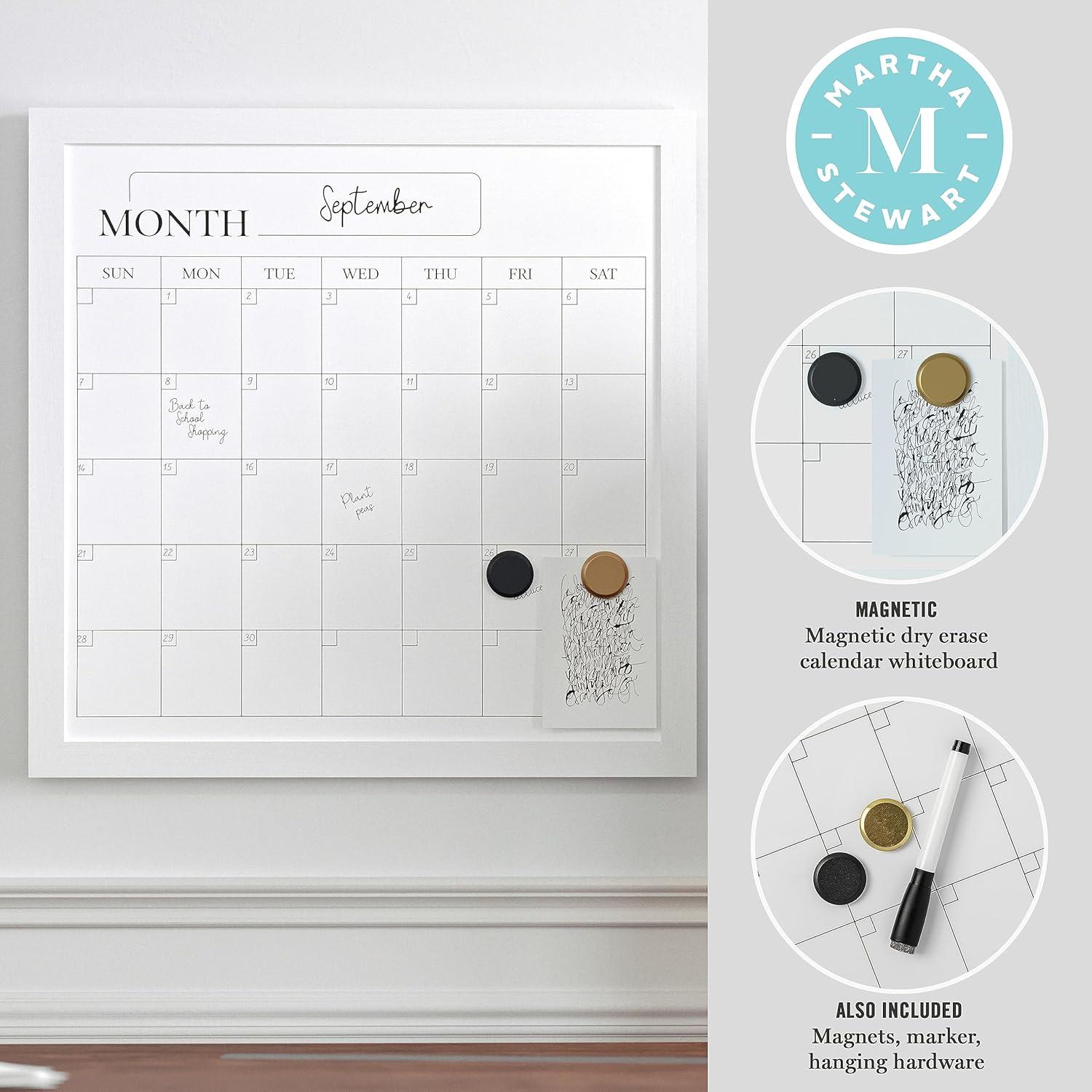 Thomas Martha Stewart Magnetic Monthly Calendar Dry Erase Board with Woodgrain Frame, Dry Erase Marker, and 2 Magnets