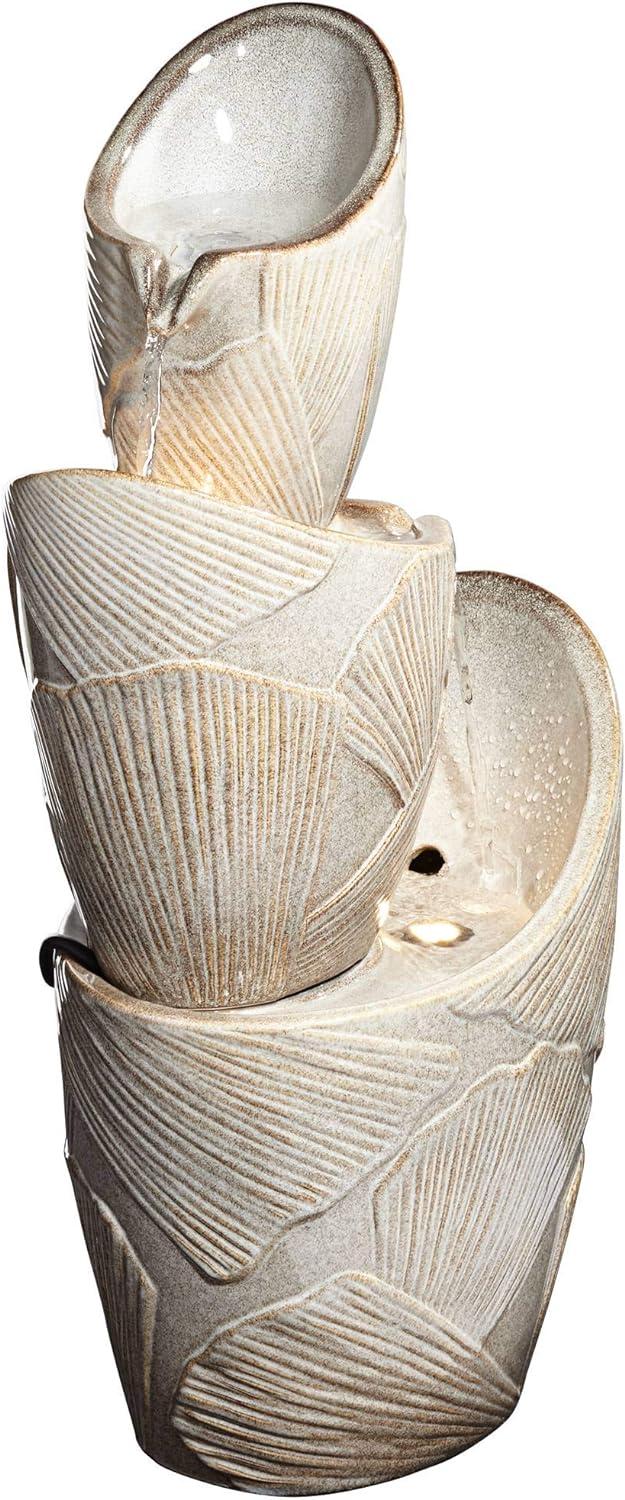 Ivory Trio Urn LED Cascading Rustic Outdoor Fountain