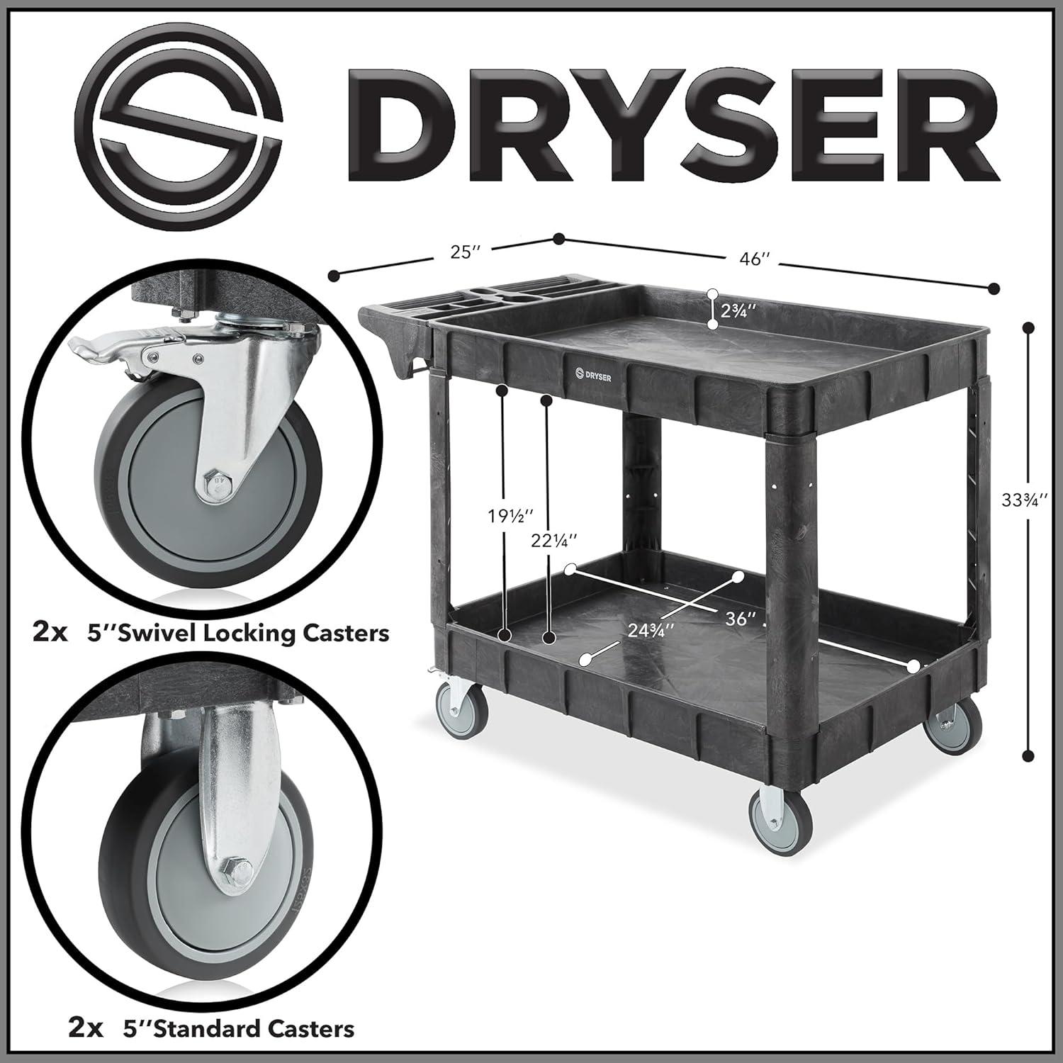 Dryser Utility Service Cart with Wheels, Heavy Duty 550 lb. Capacity with Shelves - Rolling Cart with 5" Swivel Wheels for Warehouse, Garage, Cleaning