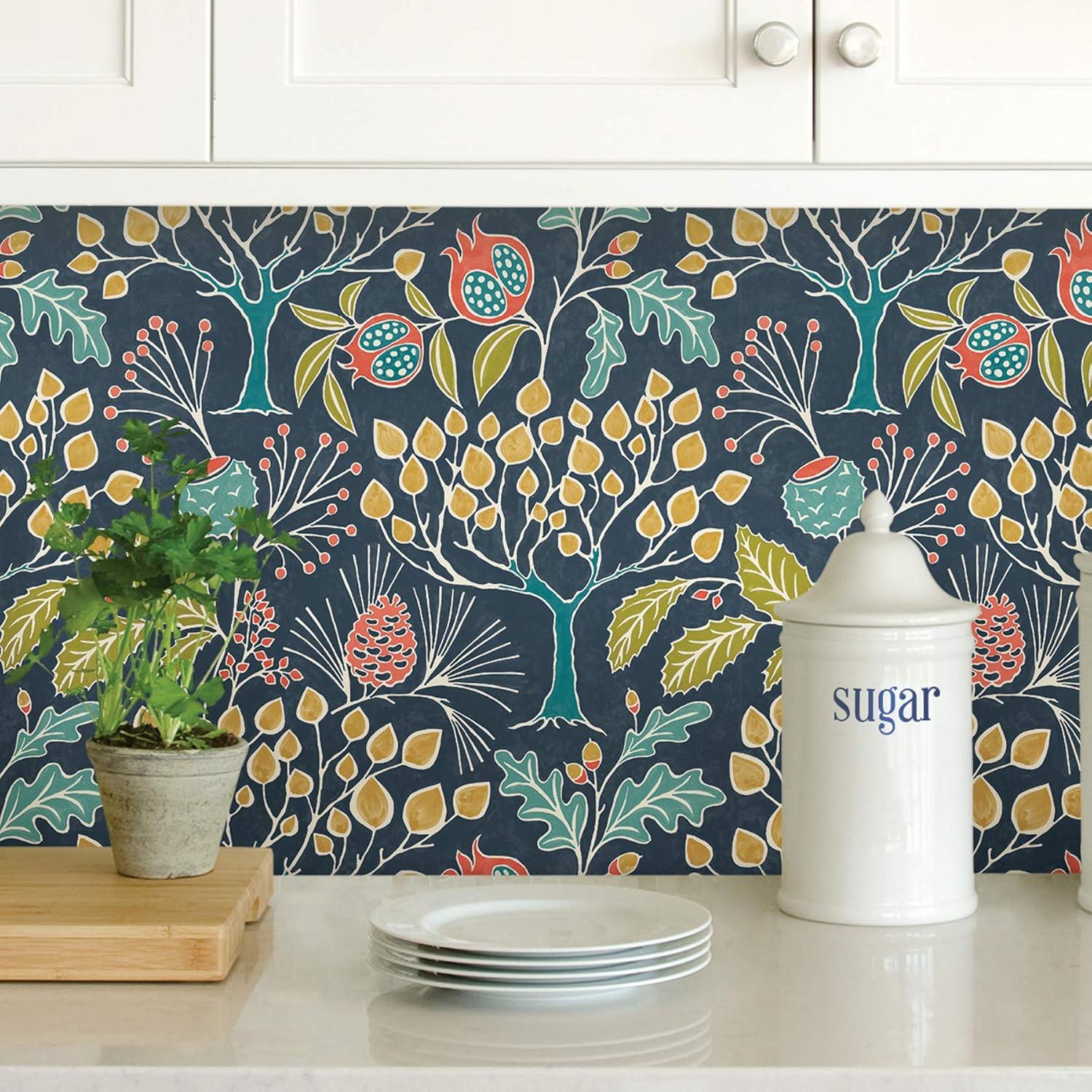 NuWallpaper Groovy Garden Navy Vinyl Peel And Stick Wallpaper, 216-in by 20.5-in, 30.75 sq. ft.