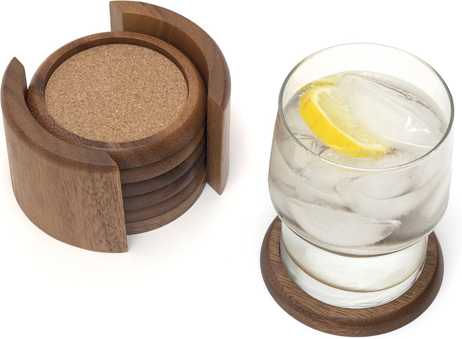 Lipper International Acacia Round with Cork Coasters and Caddy, 7-Piece Set